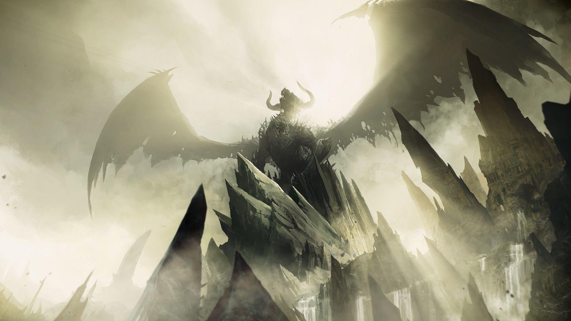 1920x1080 digital art, #fantasy art, #dragon, #wings, #rock, #horns, #sun rays, #mist, #Guild Wars #video games. Wallpaper No. 3. Guild wars, Skyrim wallpaper, Artwork