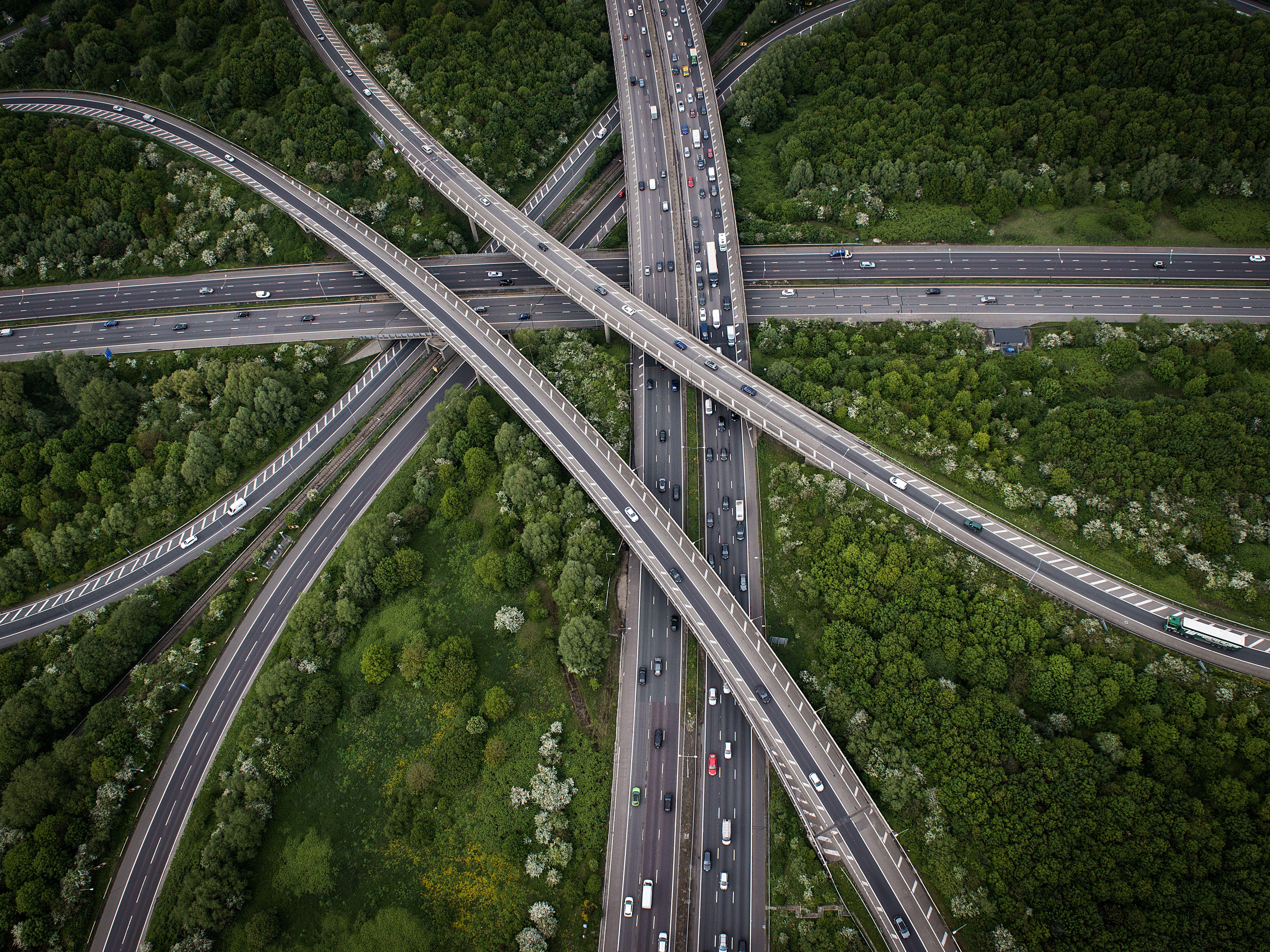 5464x4096 Birds Eye View Crossroads Highway Overpass Viaduct Top View Traffic Drone Photo Trees Wallpaper:5464x4096