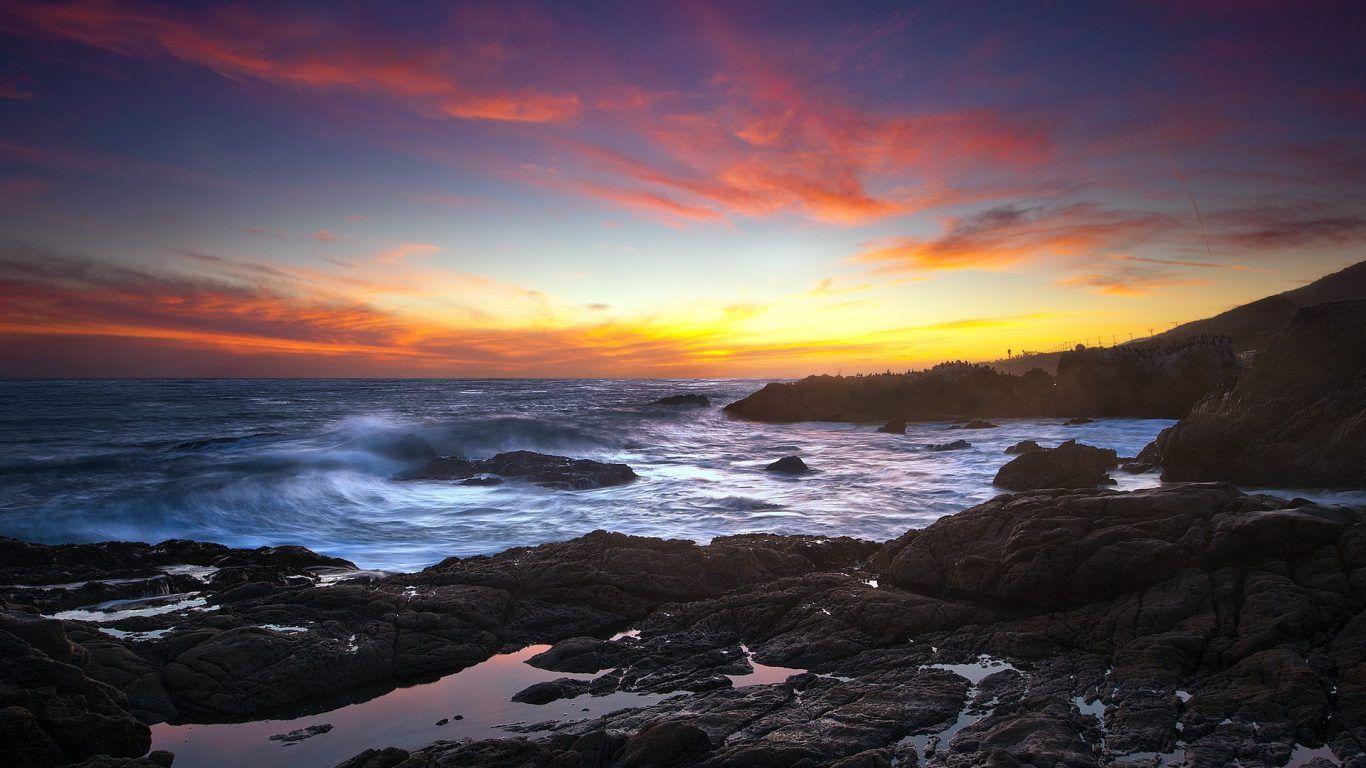 1366x768 Sunset Ocean Rainbow Wallpaper