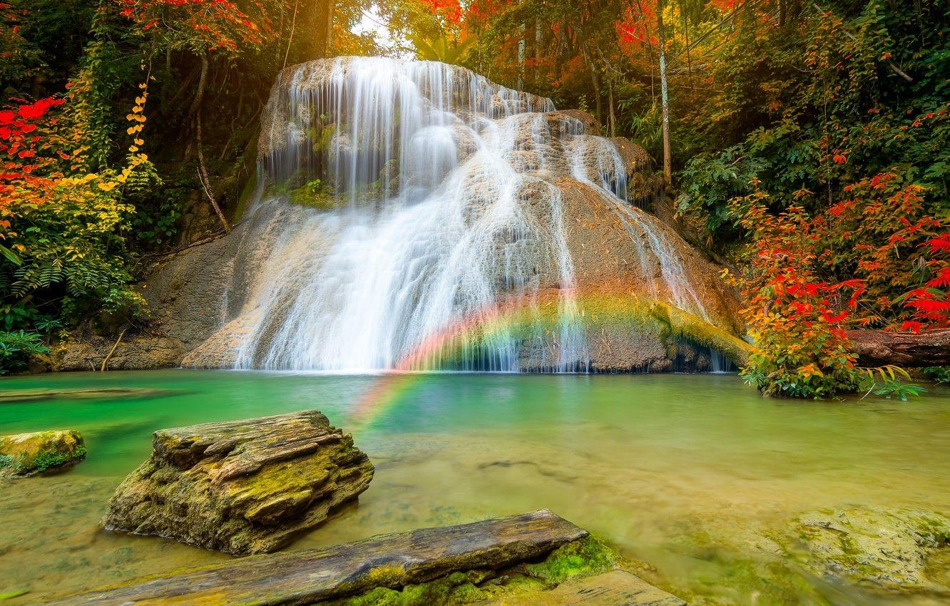 1332x850 Wallpaper autumn, forest, nature, waterfall, rainbow, stream image for desktop, section пейзажи