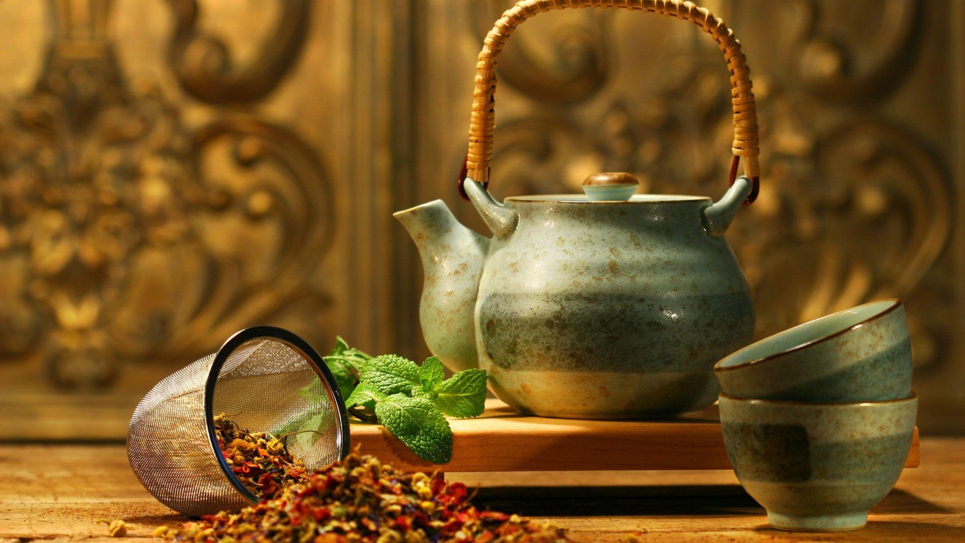 1920x1080 Download Wallpaper 1920x1080 teapot, cups, tea, grass, sieve Full HD 1080p HD Background