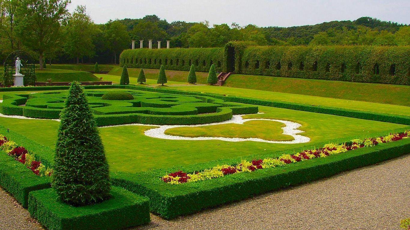 1366x768 Download wallpaper 1366x768 garden, lawn, park, design, green, cloudy tablet, laptop HD background