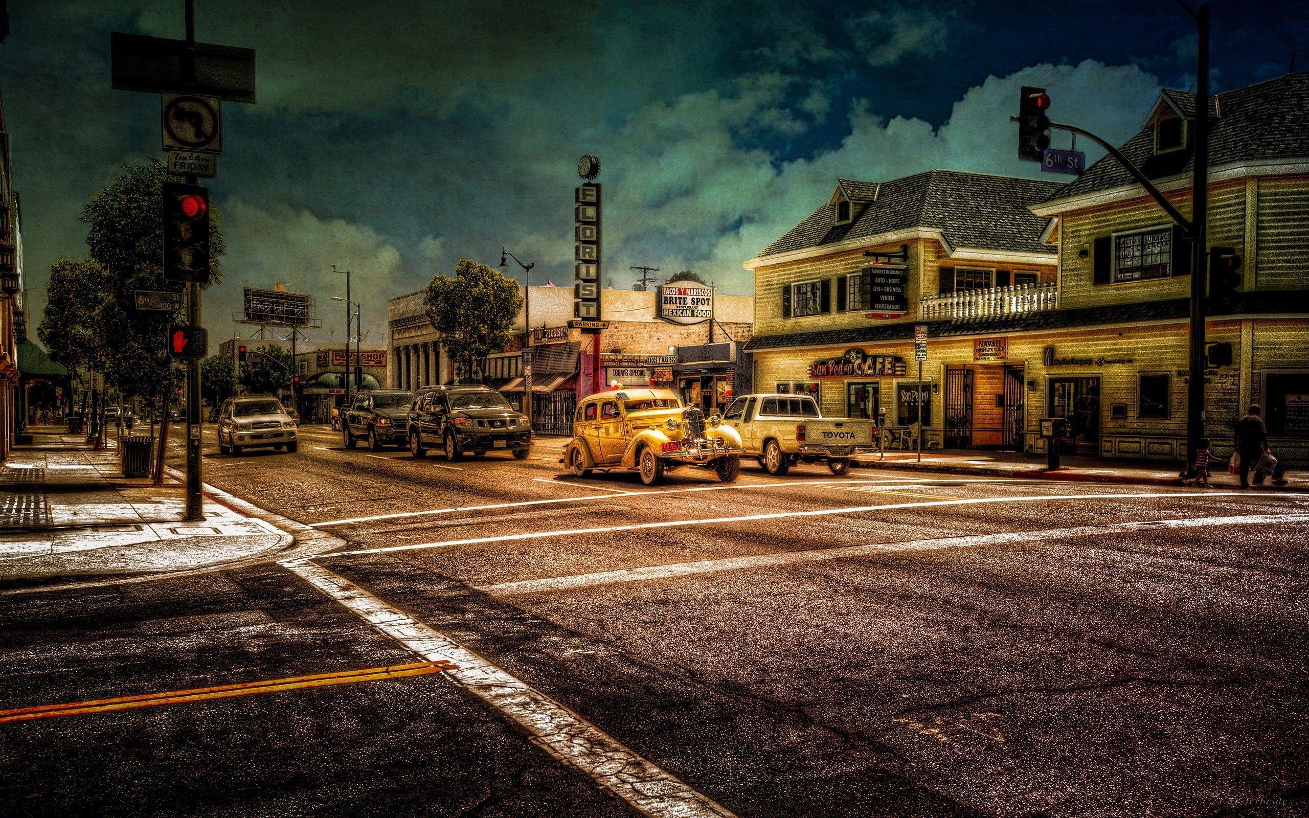 2560x1600 Cars at the traffic light in a small American town wallpaper and image, picture, photo