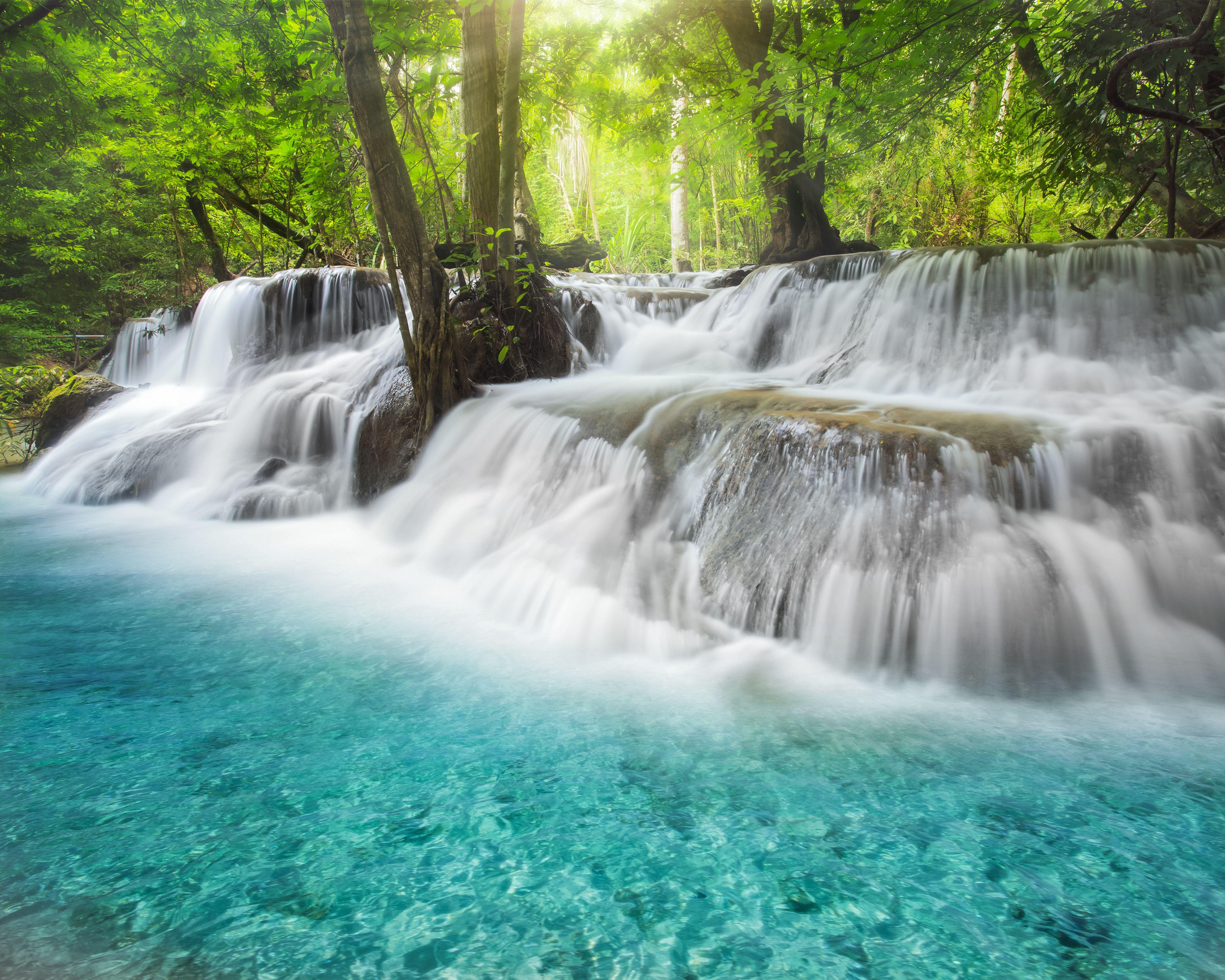 4752x3802 Erawan Falls 4K Wallpaper, Waterfall, Forest, Spring, Thailand, 5K, Nature