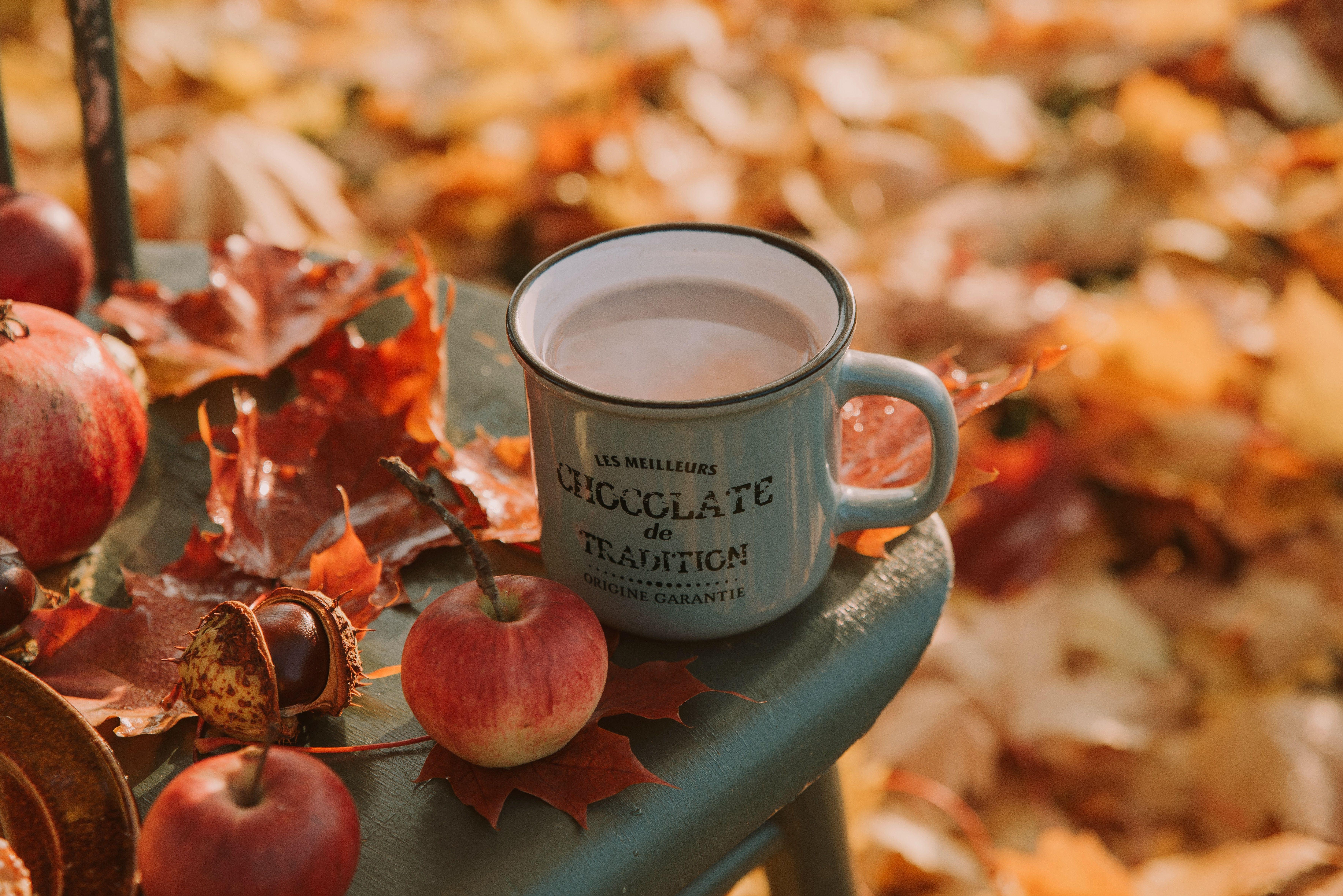 7078x4724 Apple Coffee Cup Drink Fall Leaf Still Life Wallpaper:7078x4724