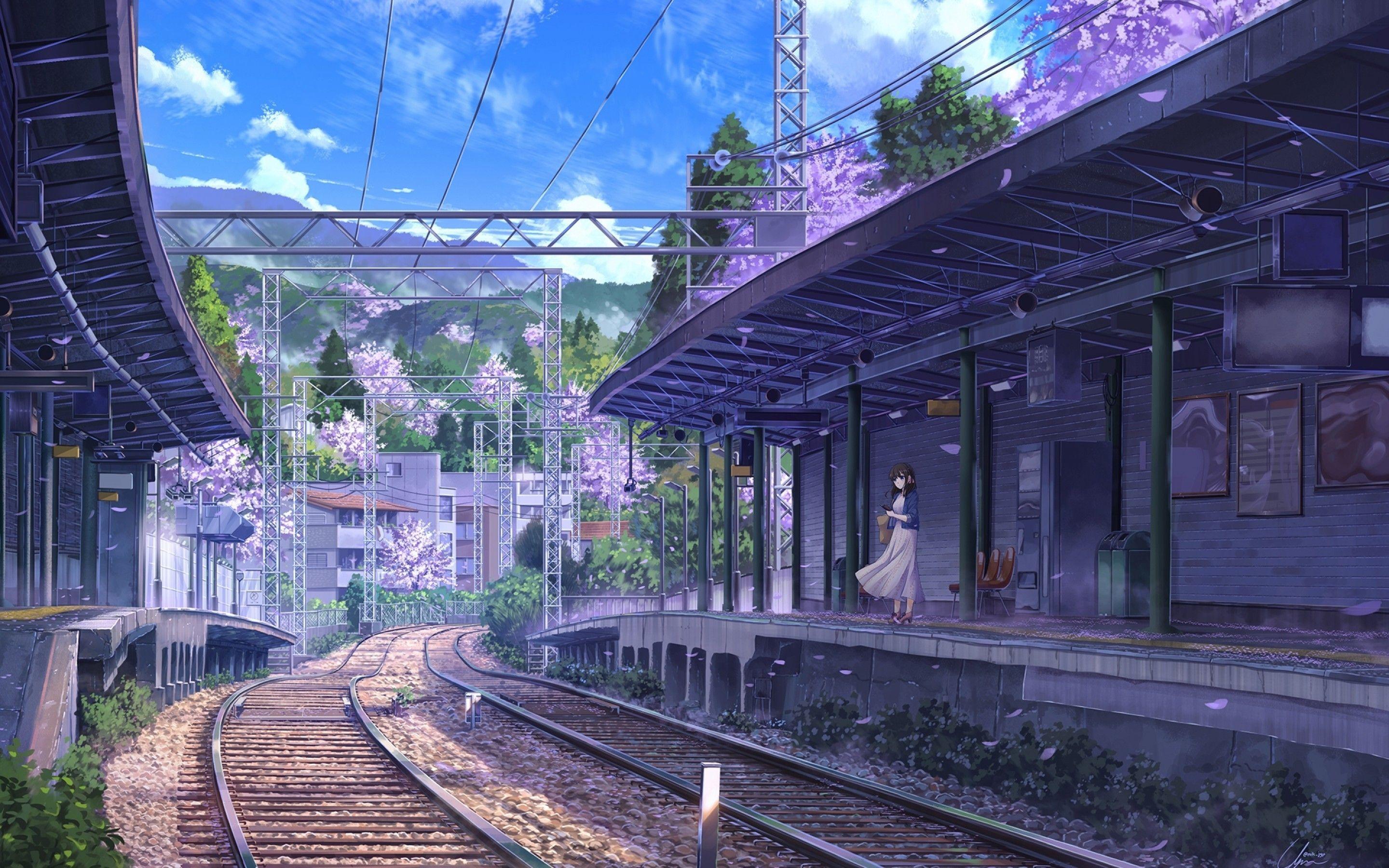 2880x1800 Download 2880x1800 Anime Train Station, Girl, Summer, Purple Flowers Wallpaper for MacBook Pro 15 inch