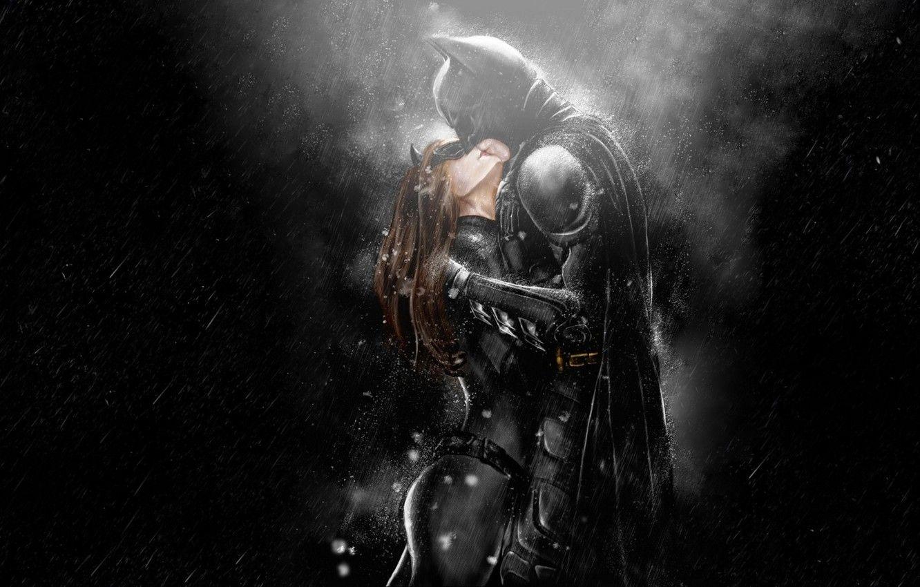 1332x850 Wallpaper batman, rain, dark knight rises, kissing, catwomen, art. 3D image for desktop, section фильмы