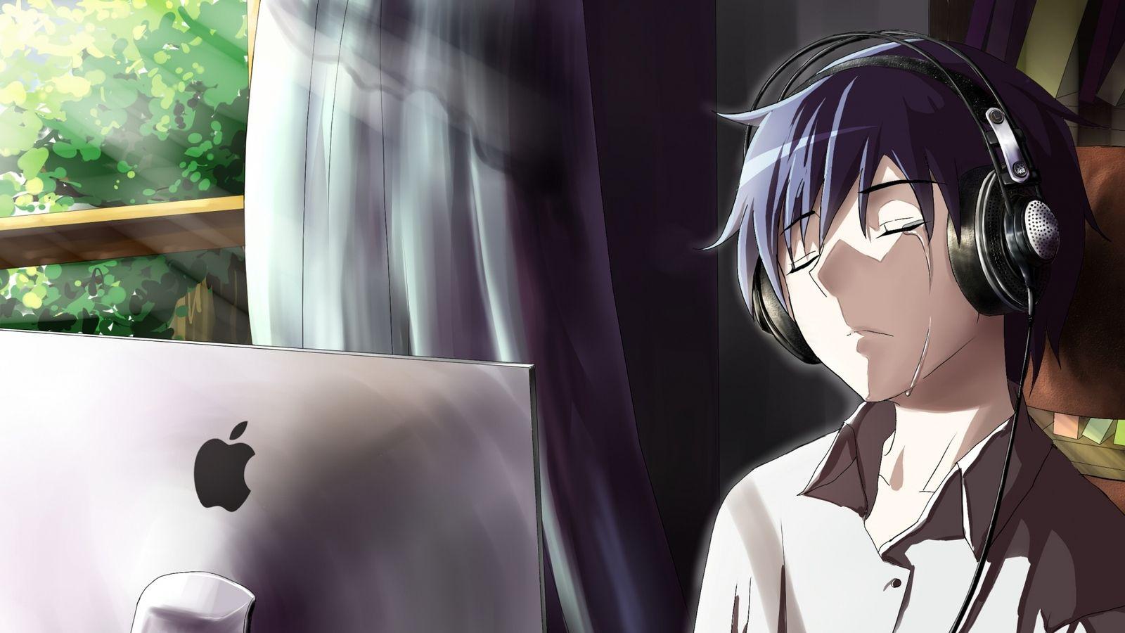 1600x900 Anime Boy Crying In Front Of Apple Lapx900 Resolution HD 4k Wallpaper, Image, Background, Photo and Picture