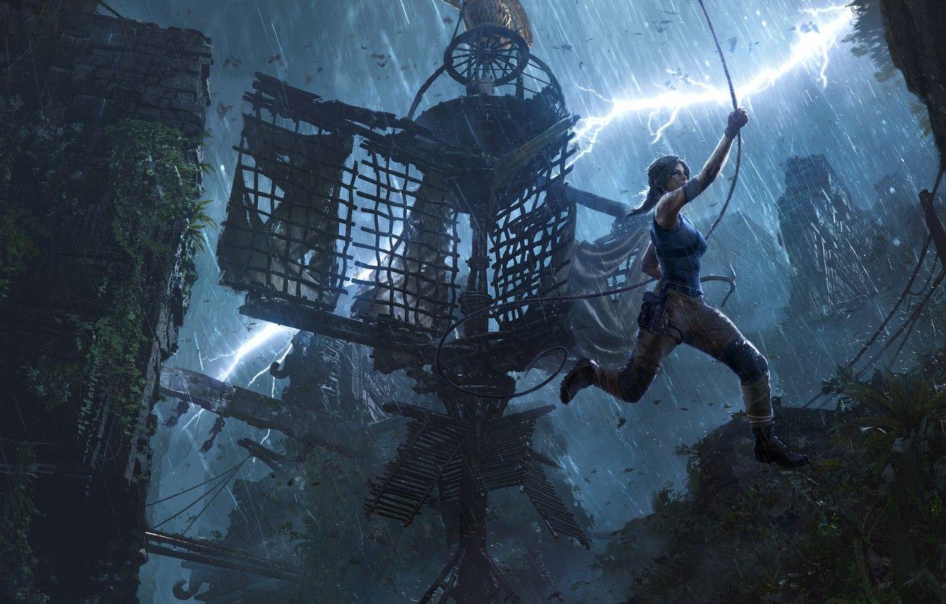 1332x850 Wallpaper lara croft, rain, long hair, jungle, jump, shoes, concept art, dlc, adventure, trap, brunnete, thunderstorm, pillar, lighning, shadow of the tomb raider image for desktop, section игры