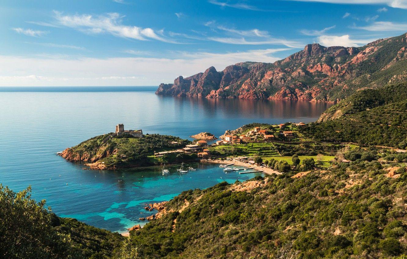 1332x850 Wallpaper sea, mountains, rocks, coast, France, home, Bay, yachts, fortress, Corsica image for desktop, section пейзажи