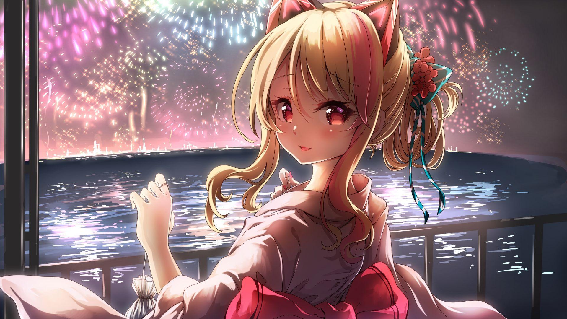 1920x1080 Anime Wallpaper Girl Fireworks HD Wallpaper