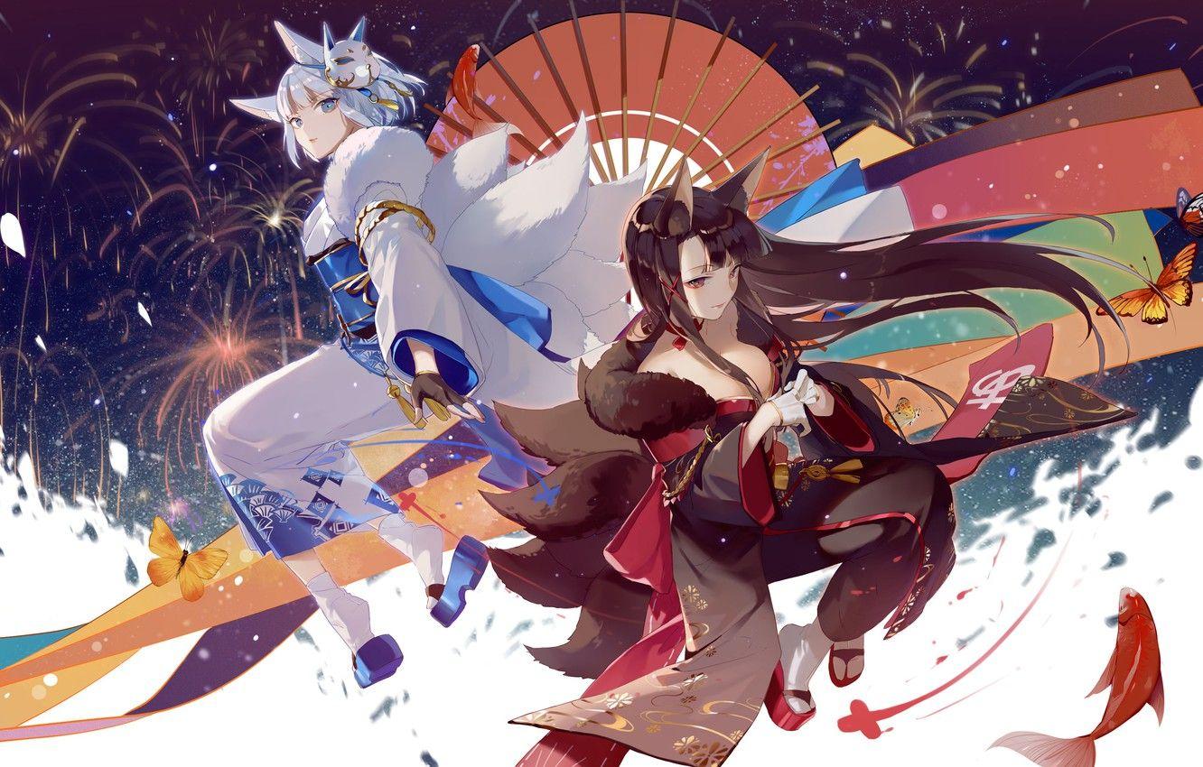 1332x850 Wallpaper fish, girls, anime, fireworks, Azur Lane image for desktop, section сёнэн