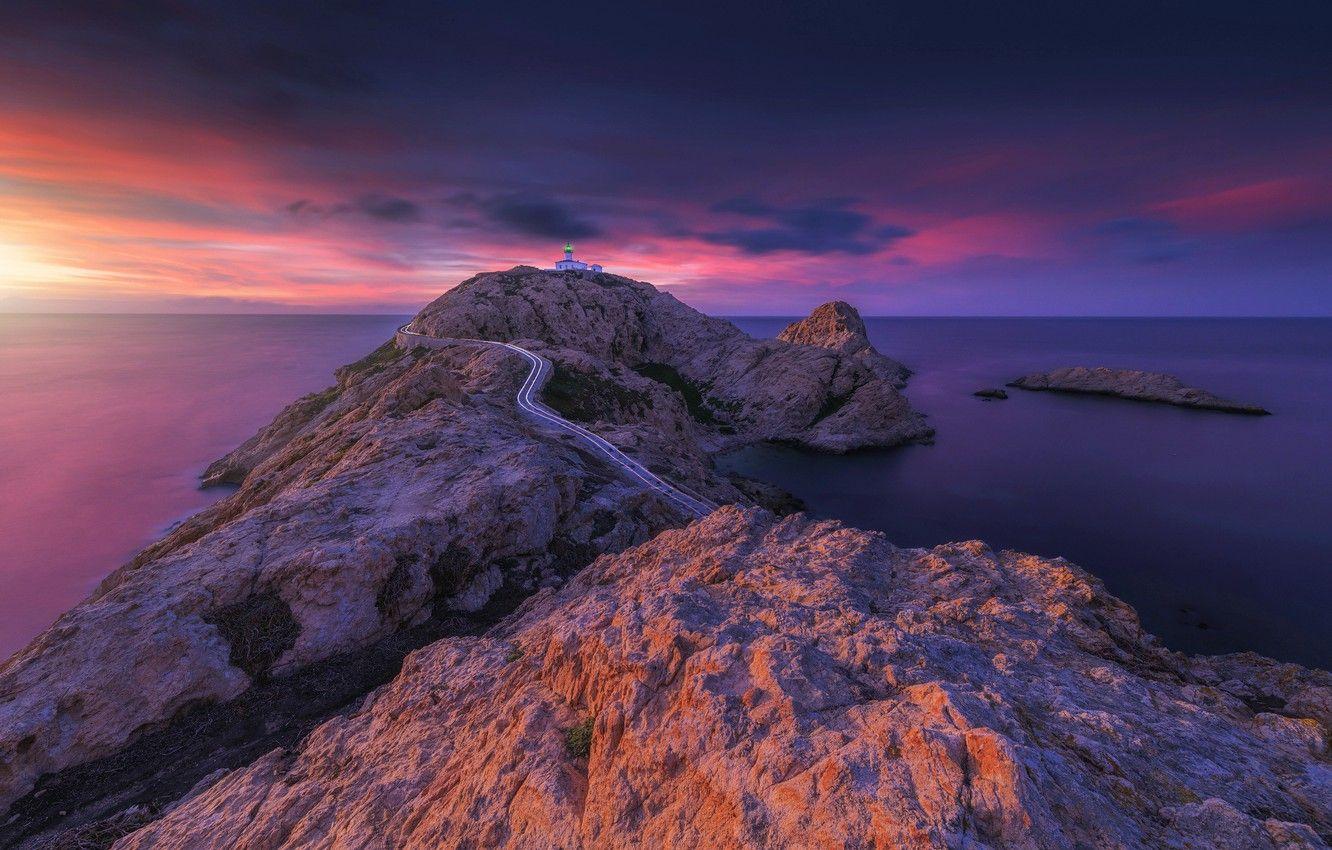 1332x850 Wallpaper sea, sunset, lighthouse, Corsica, The ile Rousse image for desktop, section пейзажи
