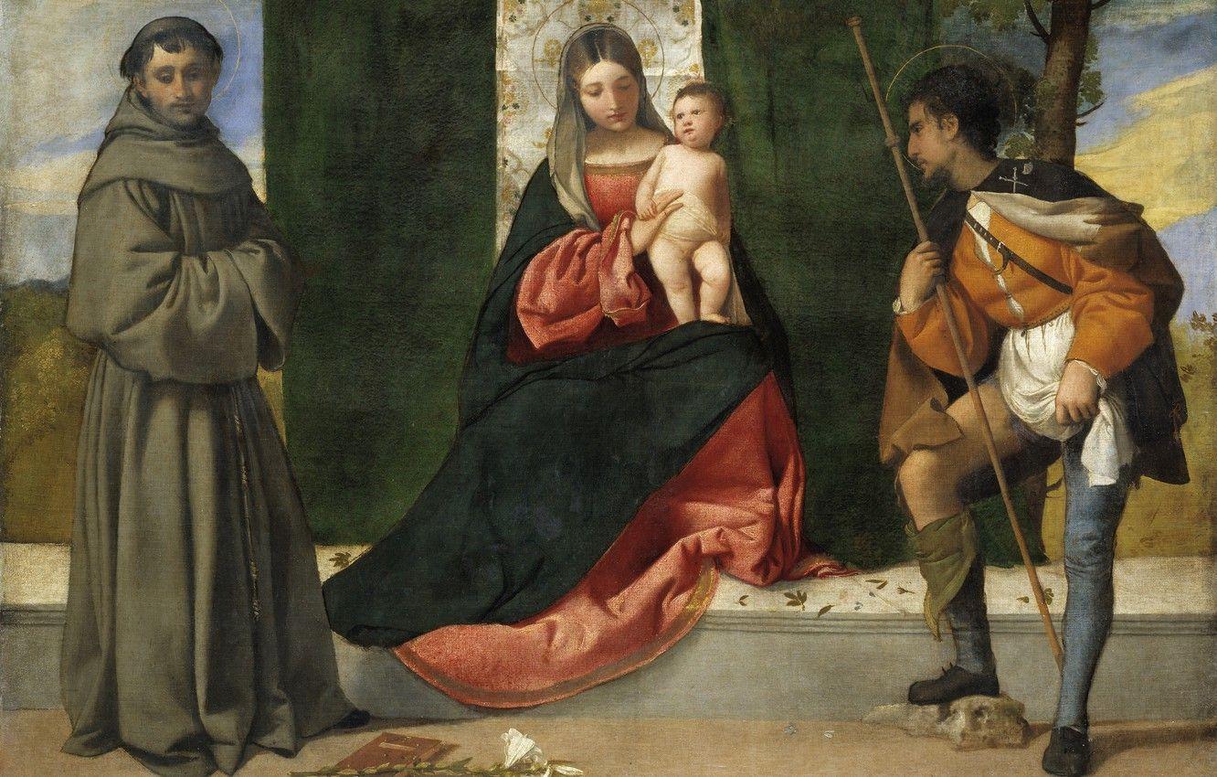 1332x850 Wallpaper Titian Vecellio, CA. The Madonna and child, between St. Anthony of Padua and St Roch image for desktop, section живопись
