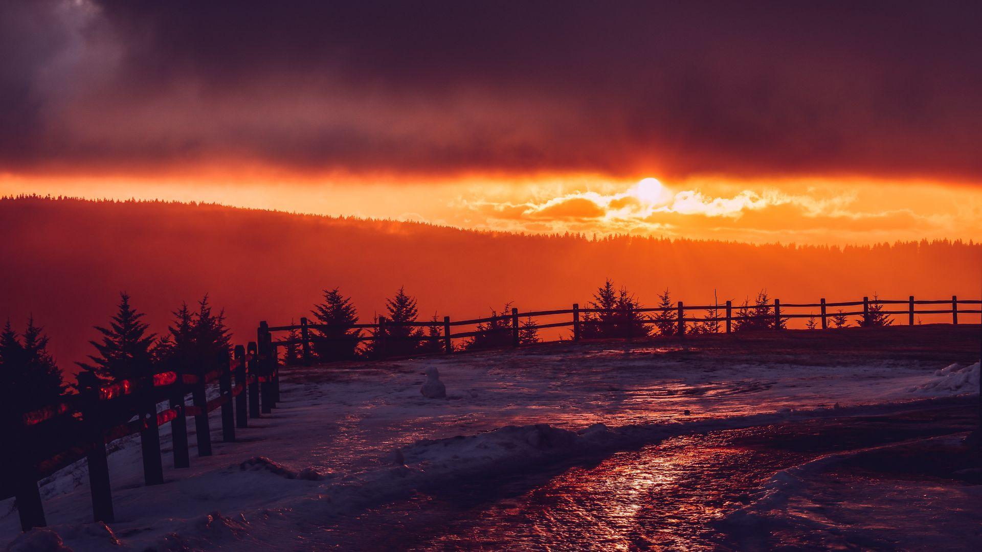 1920x1080 Download wallpaper 1920x1080 mountains, snow, sunset, fence, winter full hd, hdtv, fhd, 1080p HD background