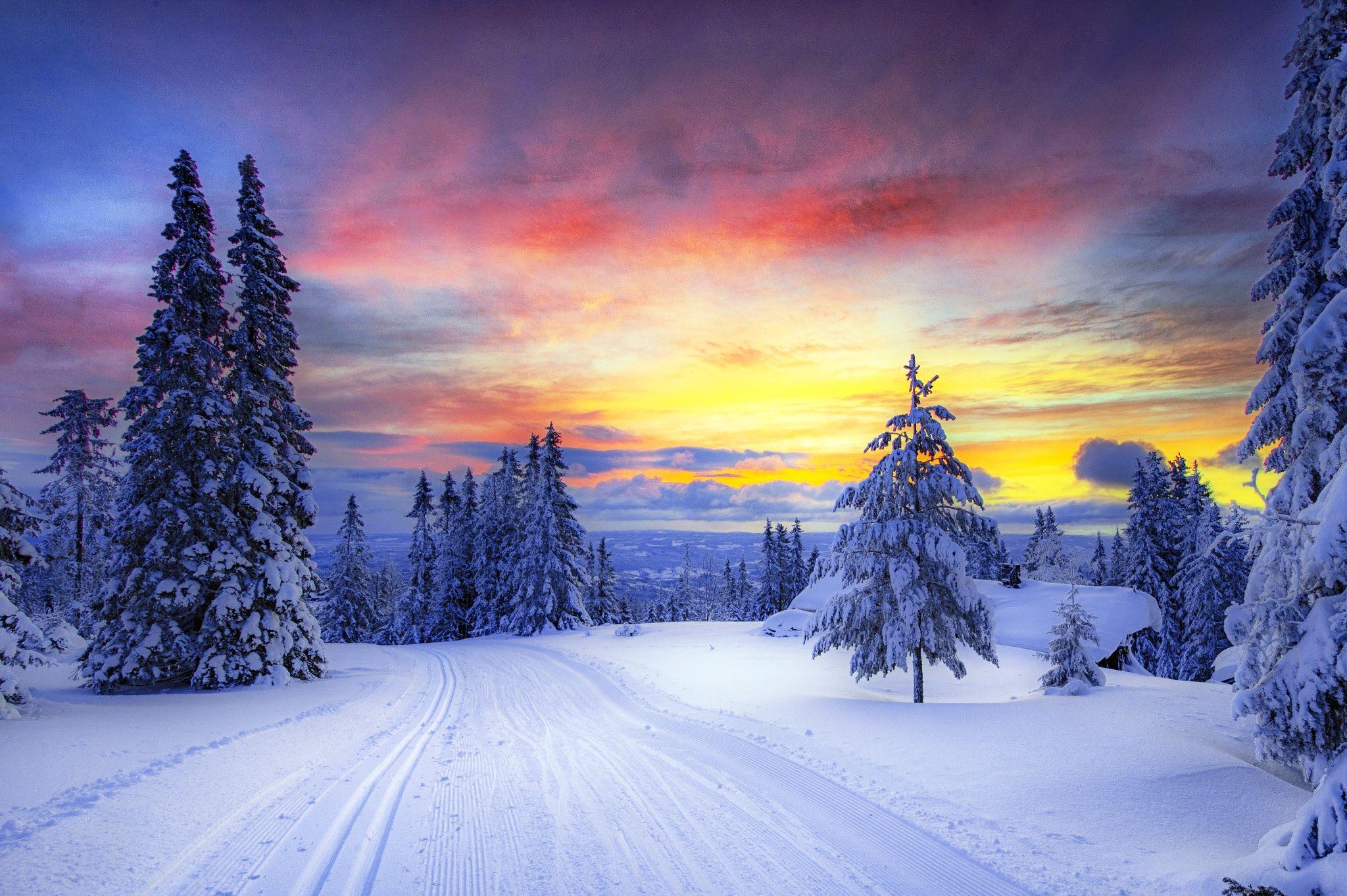 2048x1363 Earth, Landscape, Road, Snow, Sunset, Tree, Winter Wallpaper