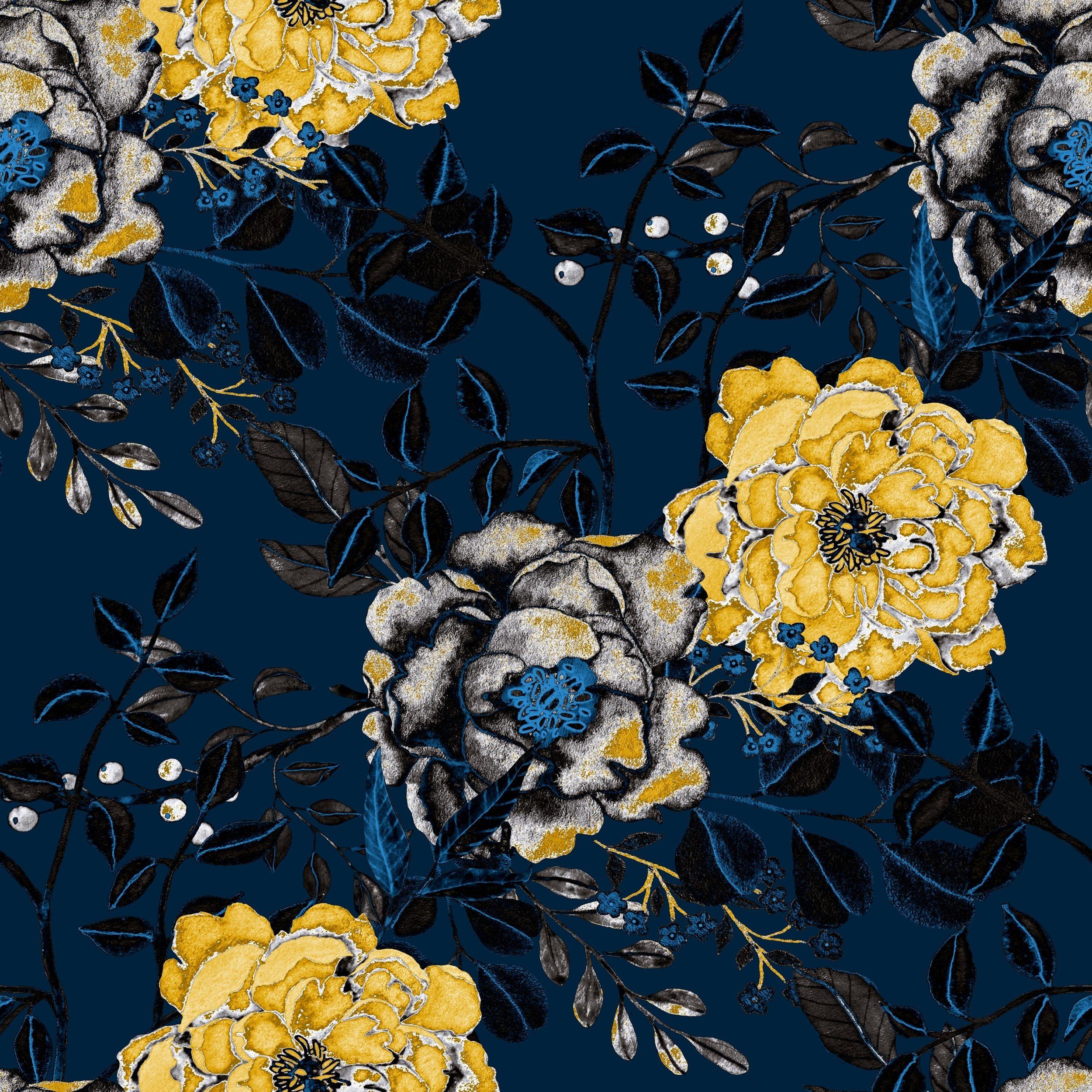 Premium AI Image  A floral wallpaper with a blue background and a pink and  orange flowers