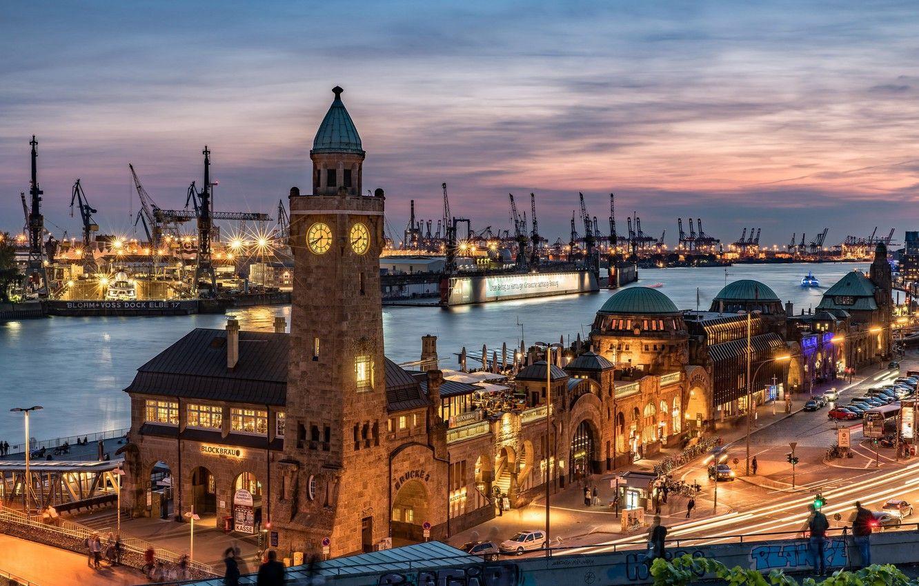 1332x850 Wallpaper night, lights, tower, home, crane, Germany, port, Hamburg image for desktop, section город