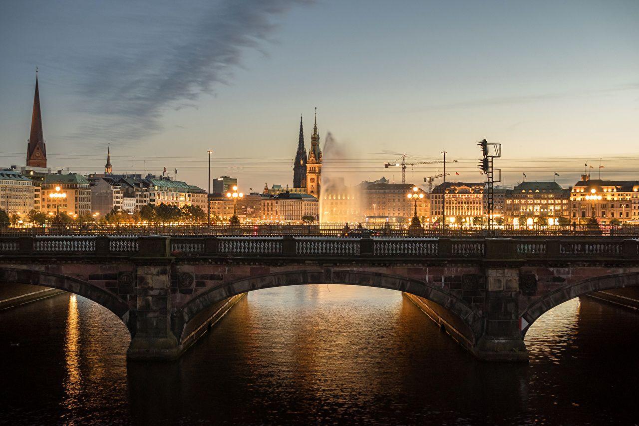 1280x853 Wallpaper Hamburg Germany Bridges Night Rivers Cities Houses