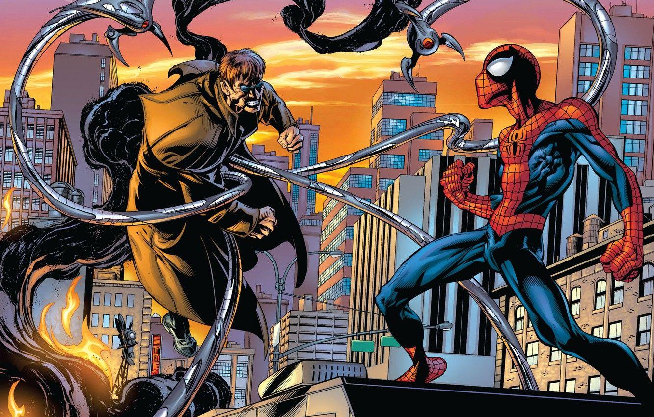 1332x850 Wallpaper Roof, The City, Fire, Smoke, Home, New York, Skyscrapers, Comic, Marvel Comics, Spider Man, Peter Parker, Peter Parker, Doctor Octopus, Spider Man, Marvel, Otto Octavius Image For Desktop, Section фантастика