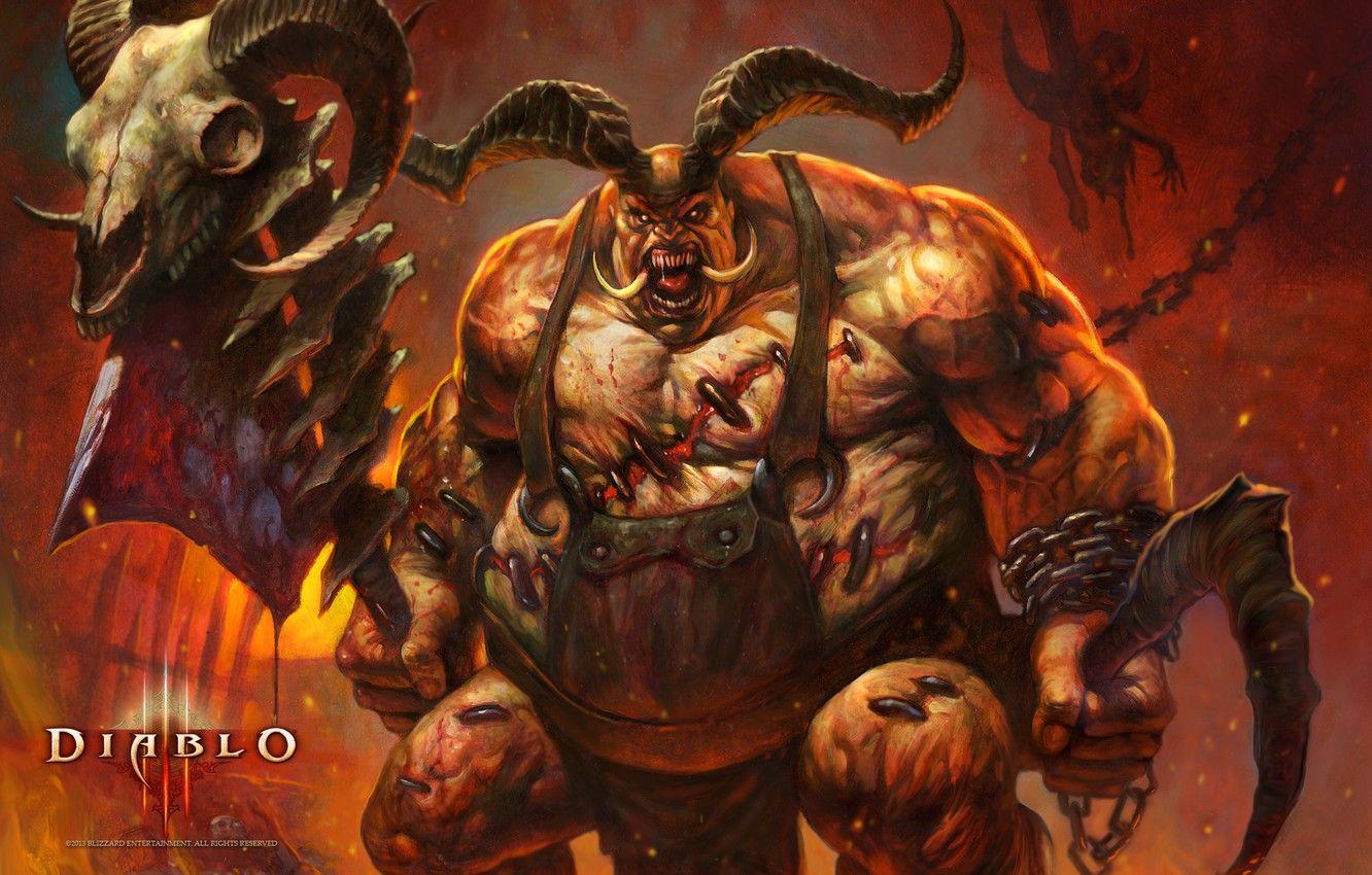 1332x850 Wallpaper blood, monster, horns, axe, Diablo III, Blizzard Entertainment, demon., butcher, butcher, flesh image for desktop, section игры