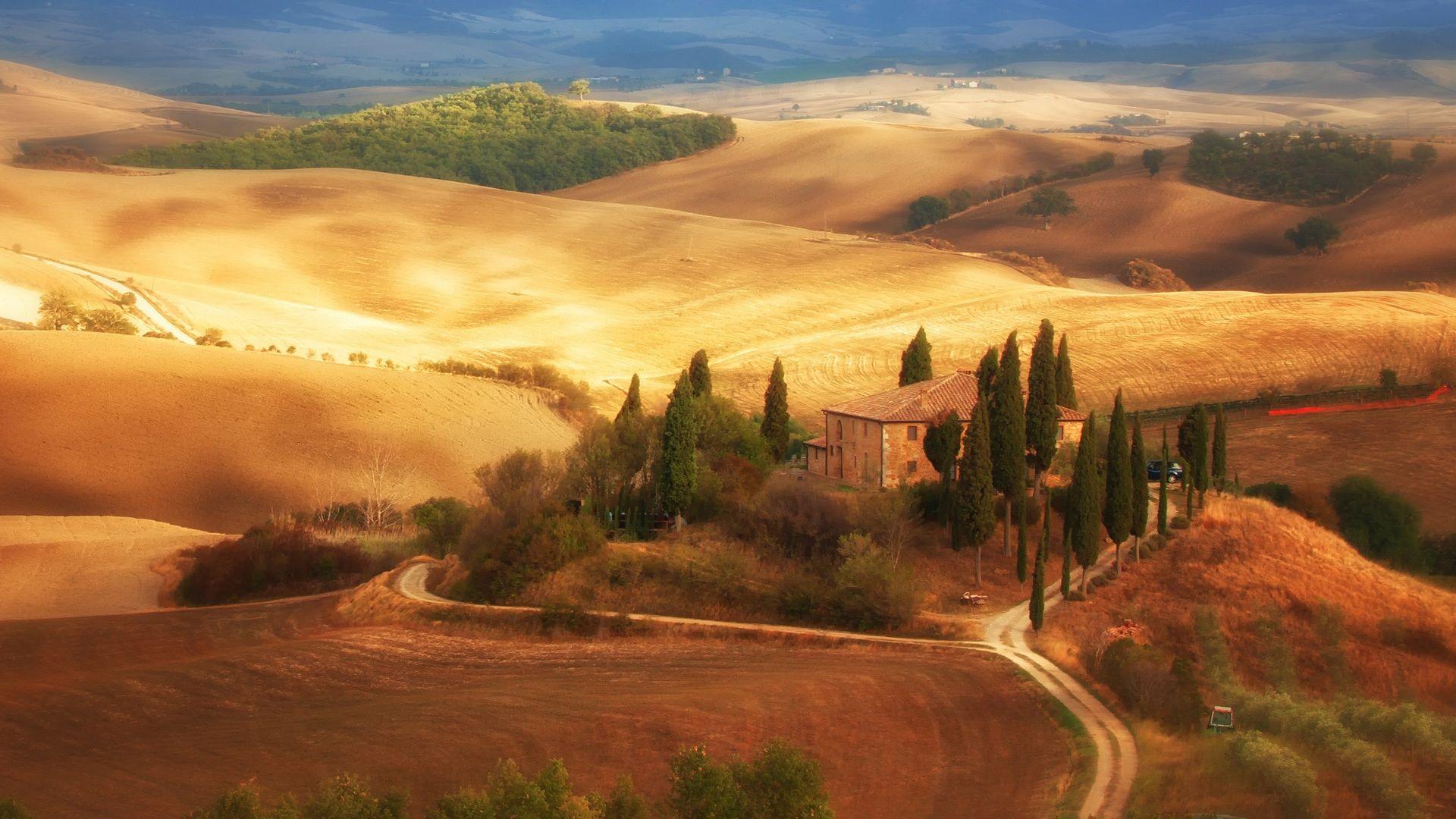 1920x1080 Italy Tuscany fields autumn house trees road Wallpaper, 1920x1080 861 - Tuscany Desktop Wallpaper