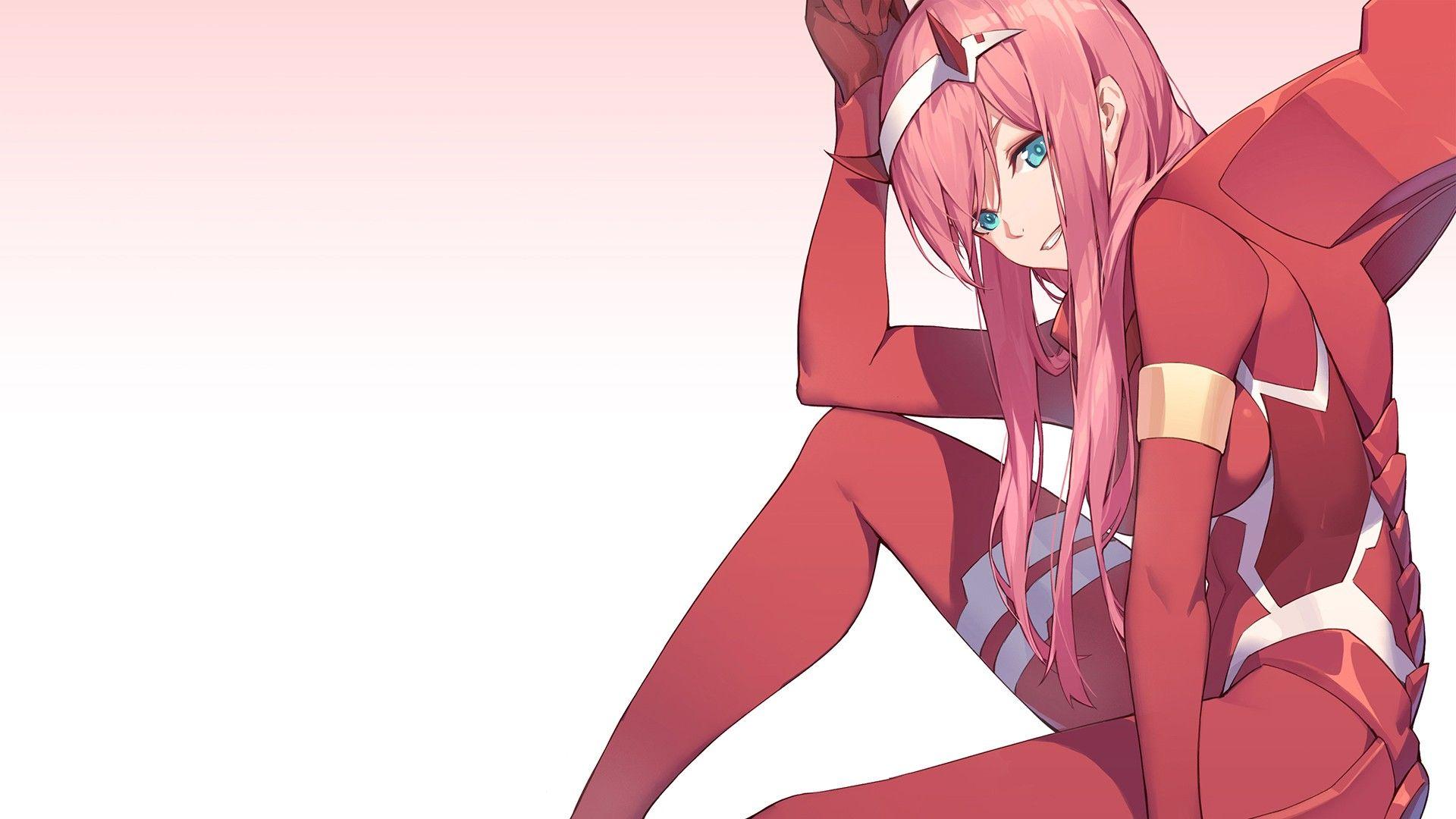 1920x1080 Darling In The FranXX Zero Two Hiro Zero Two Sitting With Red Dress And Pink Hair With White And Pink Background HD Anime Wallpaper