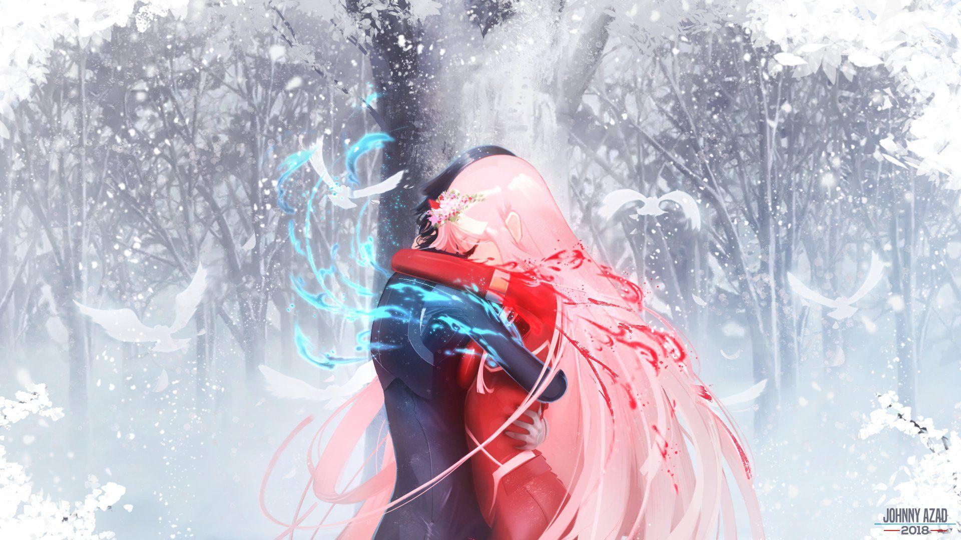 1920x1080 theejohnnyazad darling in the franxx hiro (darling in the franxx) zero two (darling in the franxx) bodysuit horns wallpaper