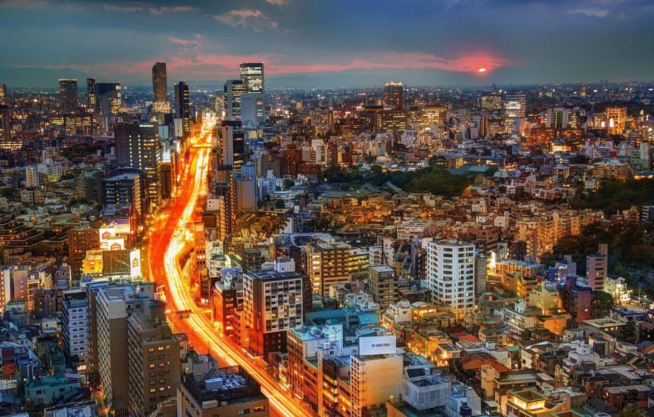 1332x850 Wallpaper road, sunset, building, Japan, Tokyo, panorama, Tokyo, Japan, night city image for desktop, section город
