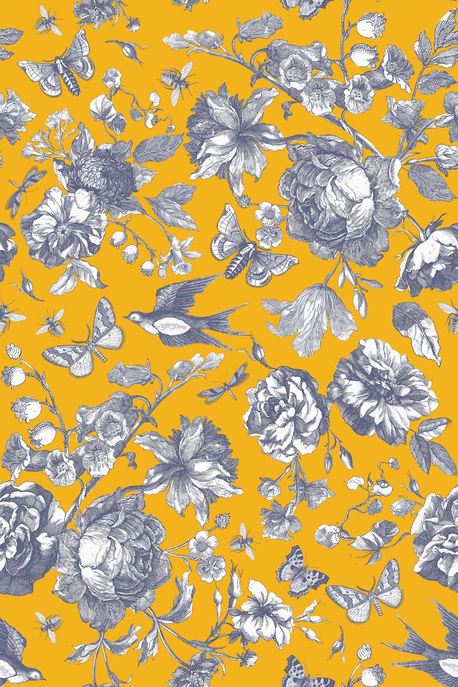 1500x2250 Yellow Vintage Floral Wallpaper. Grey Botanical Pattern Sample: 12W x 10H / Faux Grasscloth