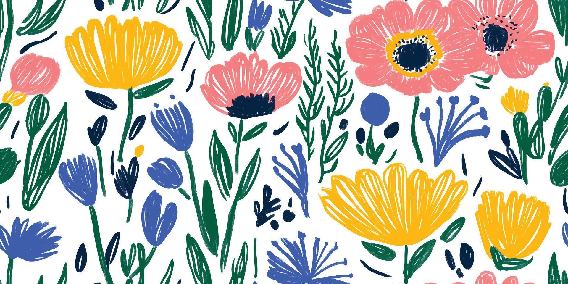 1920x960 Abstract flower, nature art seamless pattern, illustration. Modern hand drawn floral painting texture, spring brush paint drawing background. Blue pink color flowers wallpaper print