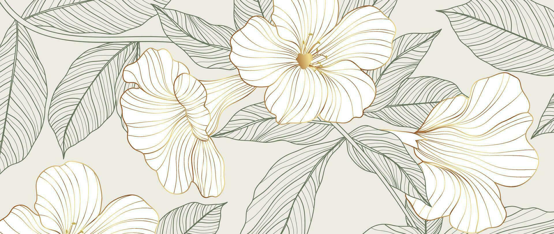 1920x810 Luxury golden wildflower line art background vector. Natural botanical elegant flower with gold line art. Design illustration for decoration, wall decor, wallpaper, cover, banner, poster, card