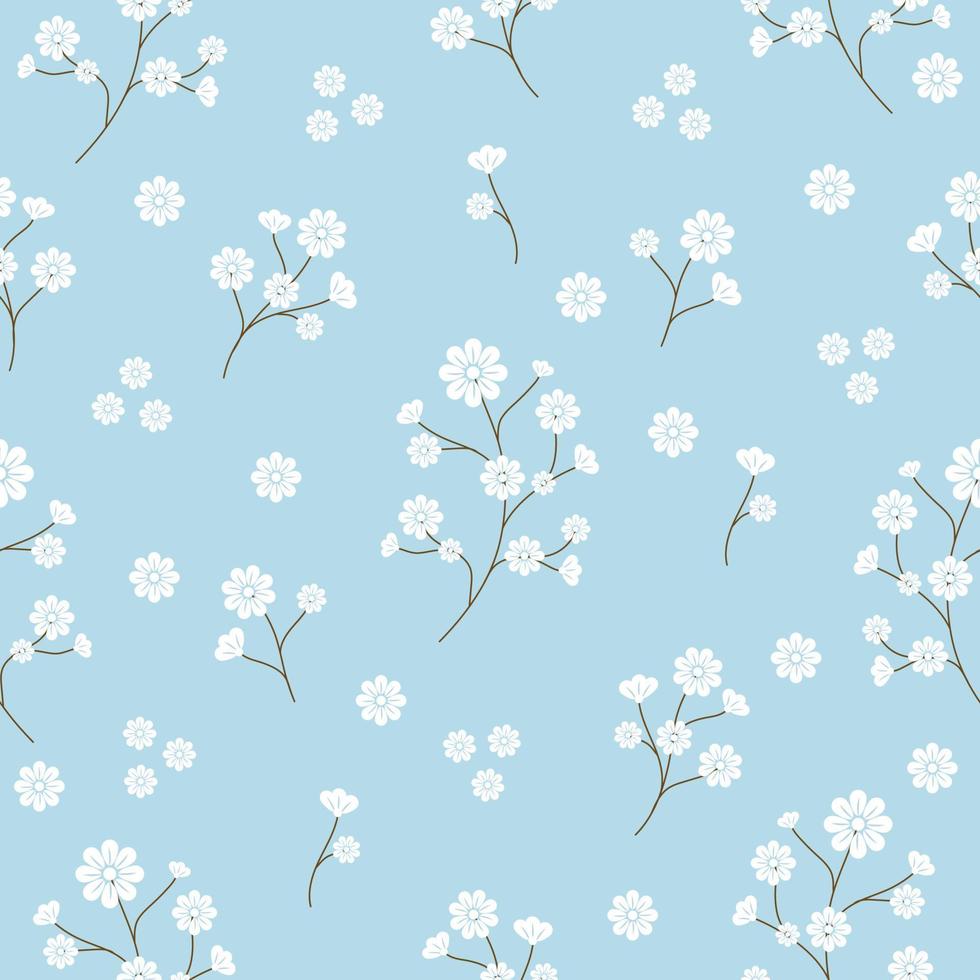 980x980 Seamless pattern with white flowers is tiny elegant flowers and stems on blue background. Botanical hand drawing pattern. Texture for fabric, gift wrapping, wallpaper. illustration vector 10 eps