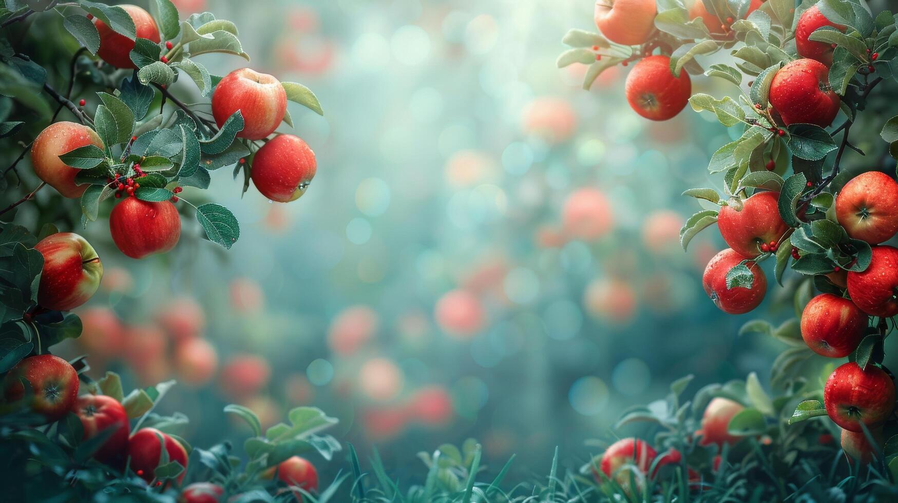1749x980 Juicy red apples hang from a tree branch, ready for harvest, with lush green leaves