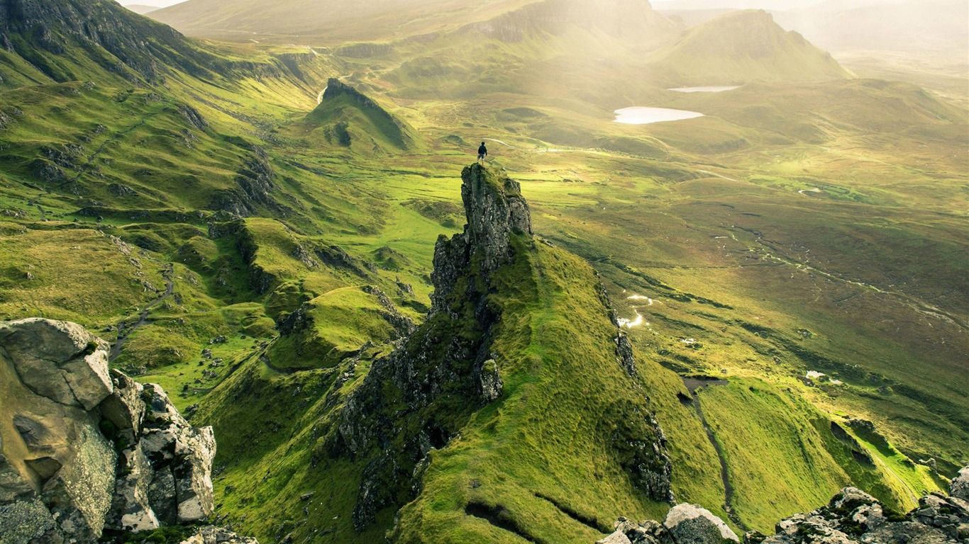 1366x768 Mountain Quiraing Scotland Sunshine Scenery HD Wallpaper