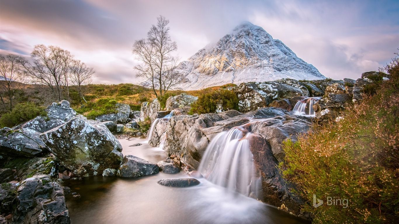 1366x768 Scottish Highlands Snow Mountains River 2017 Bing Wallpaper