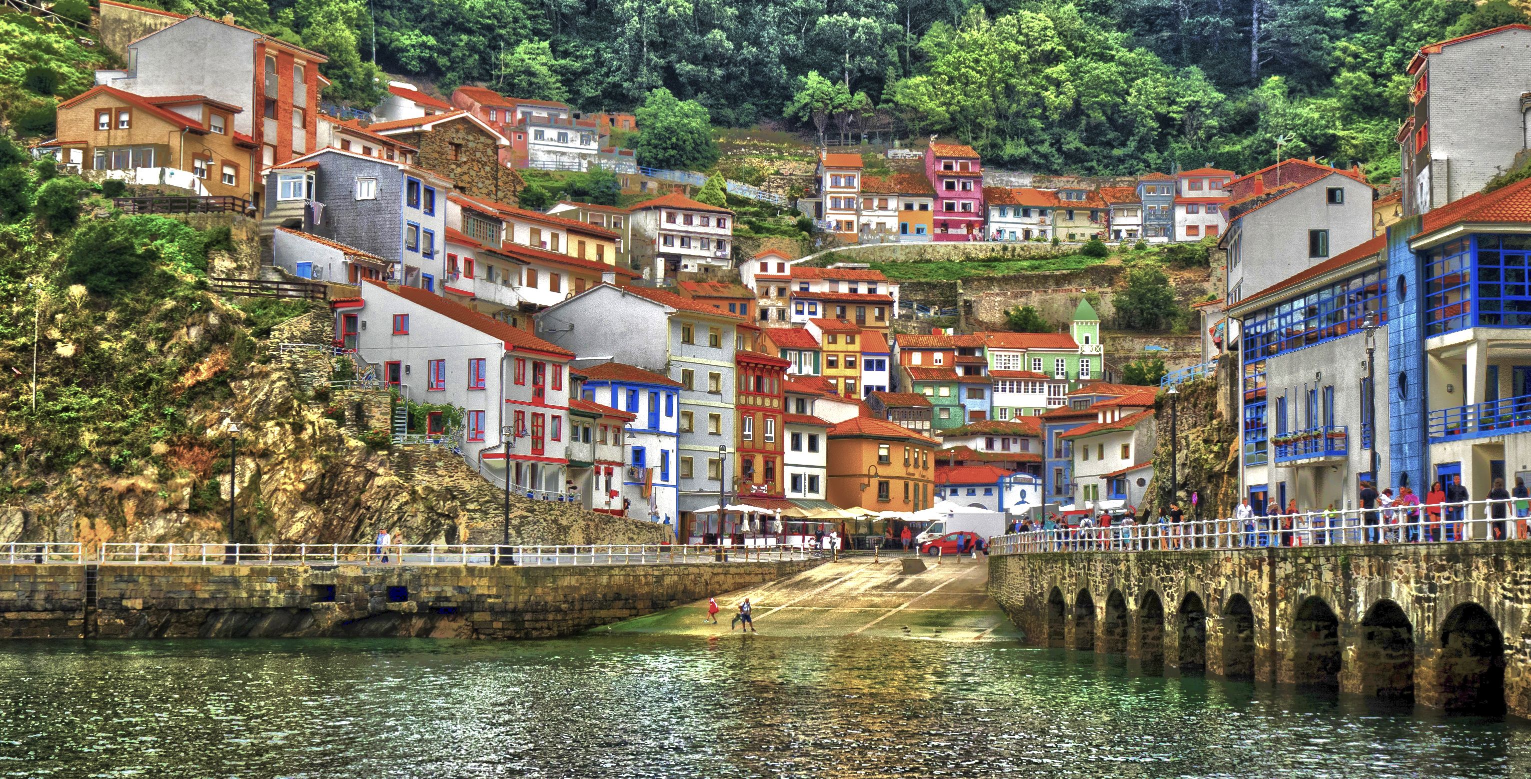 3063x1559 Desktop wallpaper: Spain, Man Made, Cudillero, Bridge, House, Village, Towns 4K free download for PC. 391763