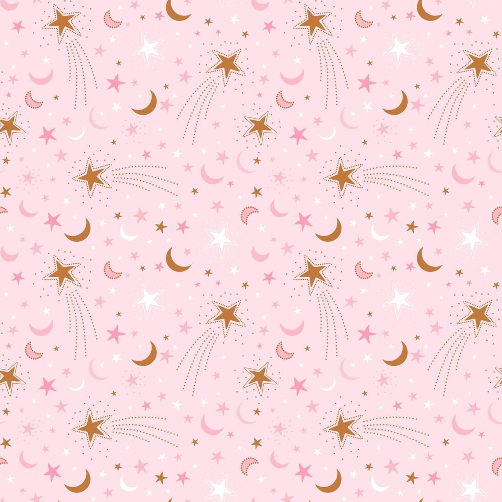 980x980 Pink baby star seamless pattern. Vector small moon crescent, stars repeat background, wallpaper, baby shower print, gentle sky textile design. Gold celestial elements on pink backdrop. Cute gift paper 42375337 Vector Art