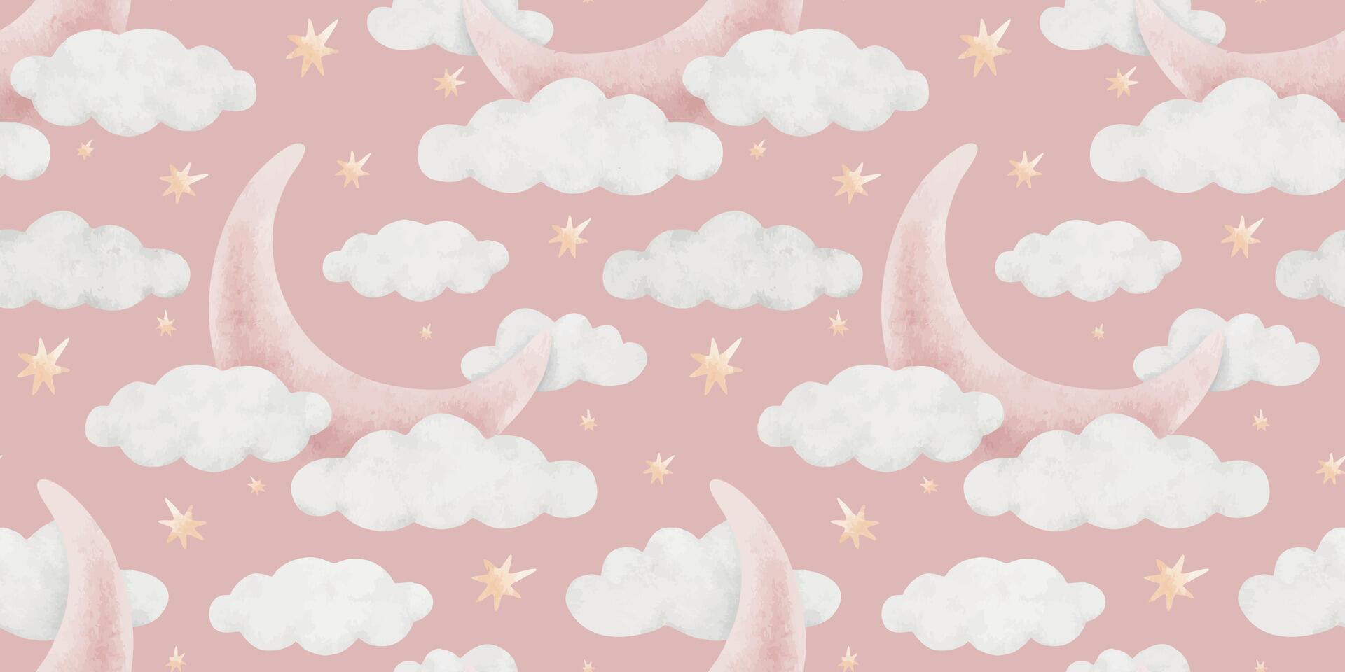 1920x960 Pink Crescent moon, Clouds and stars on pink background for girl. Watercolor nursery seamless surface pattern design. Cute baby print for kid's goods, clothes, textile, bed linen, wallpaper 55490095 Vector Art