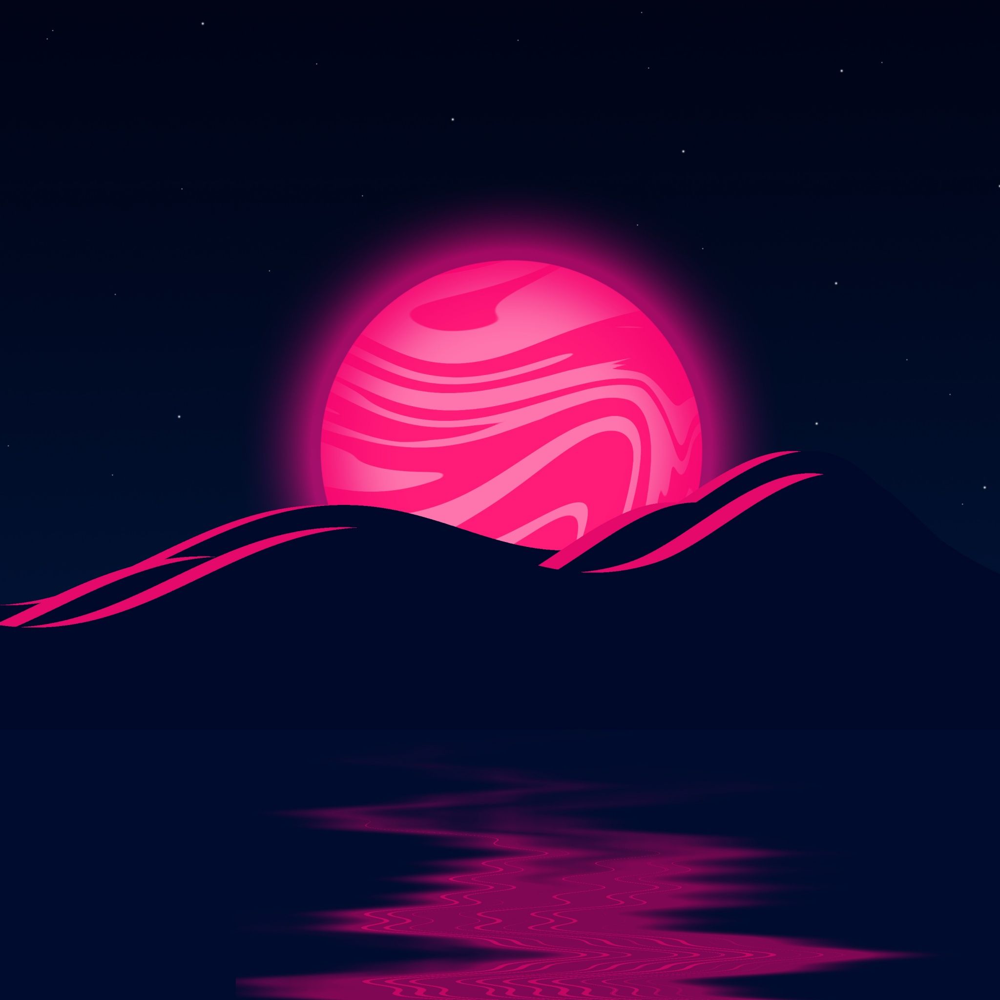 2048x2048 Pink Moon Wallpaper 4K, Mountains, Illustration
