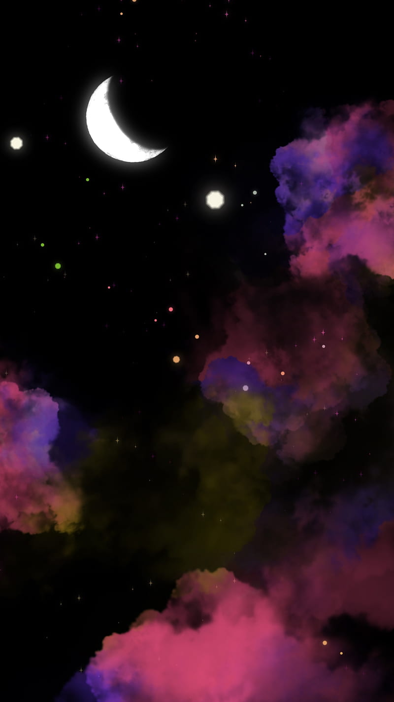 800x1422 Sky edit amoled, black, clouds, magical, moon, night, pink, skyland, stars, HD phone wallpaper