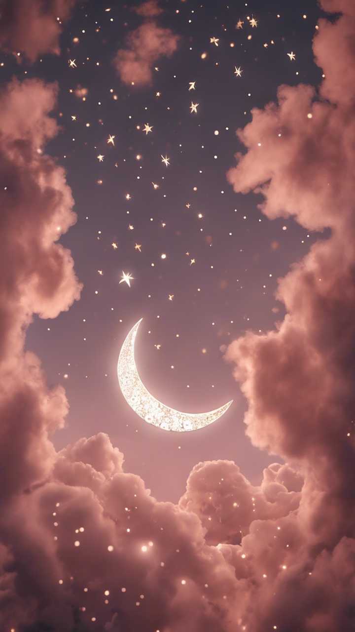 720x1280 Dreamy rose gold clouds studded with stars and a crescent moon on a sultry summer night. Wallpaper [2a398bcd393f4faa953c]