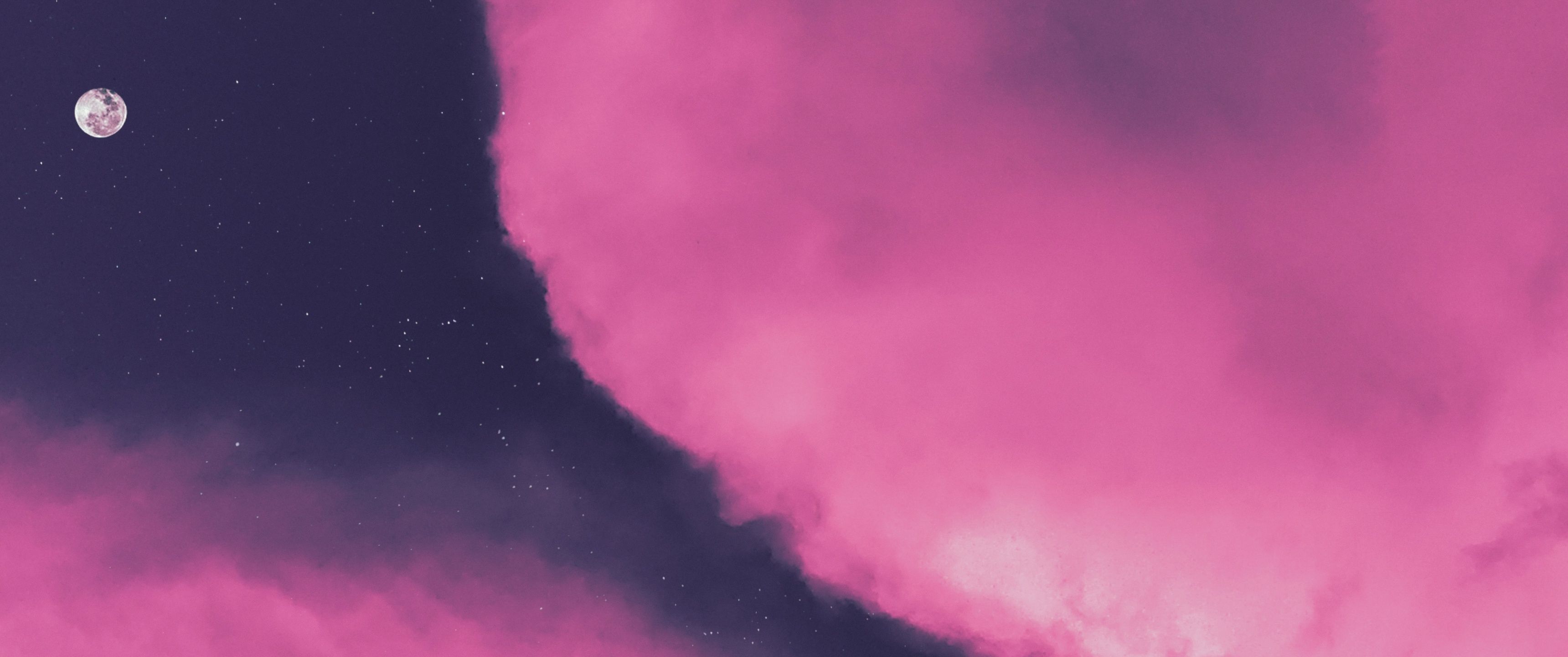 3440x1440 Pink clouds Wallpaper 4K, Moon, Sky view, Purple background