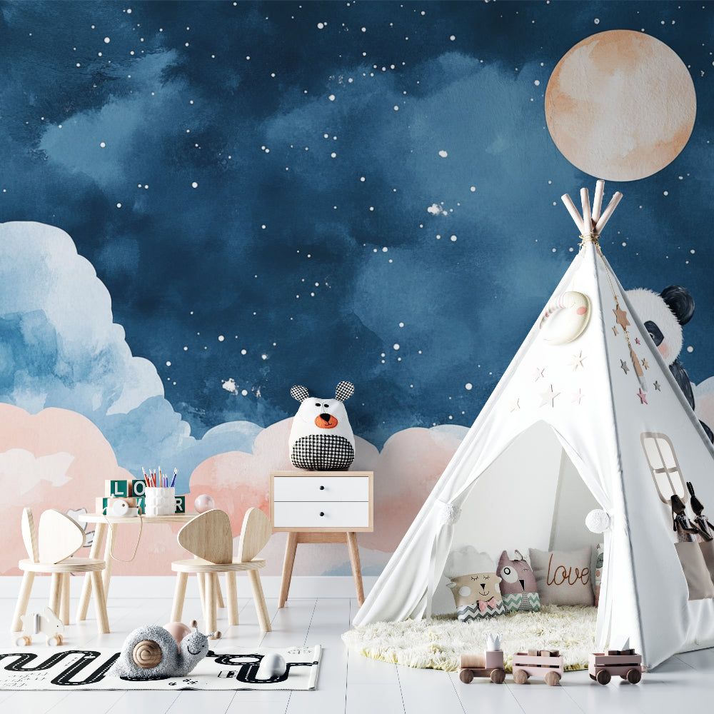 1000x1000 Sky Mural Wallpaper. Dreamy Moon and Stars with Pink Clouds