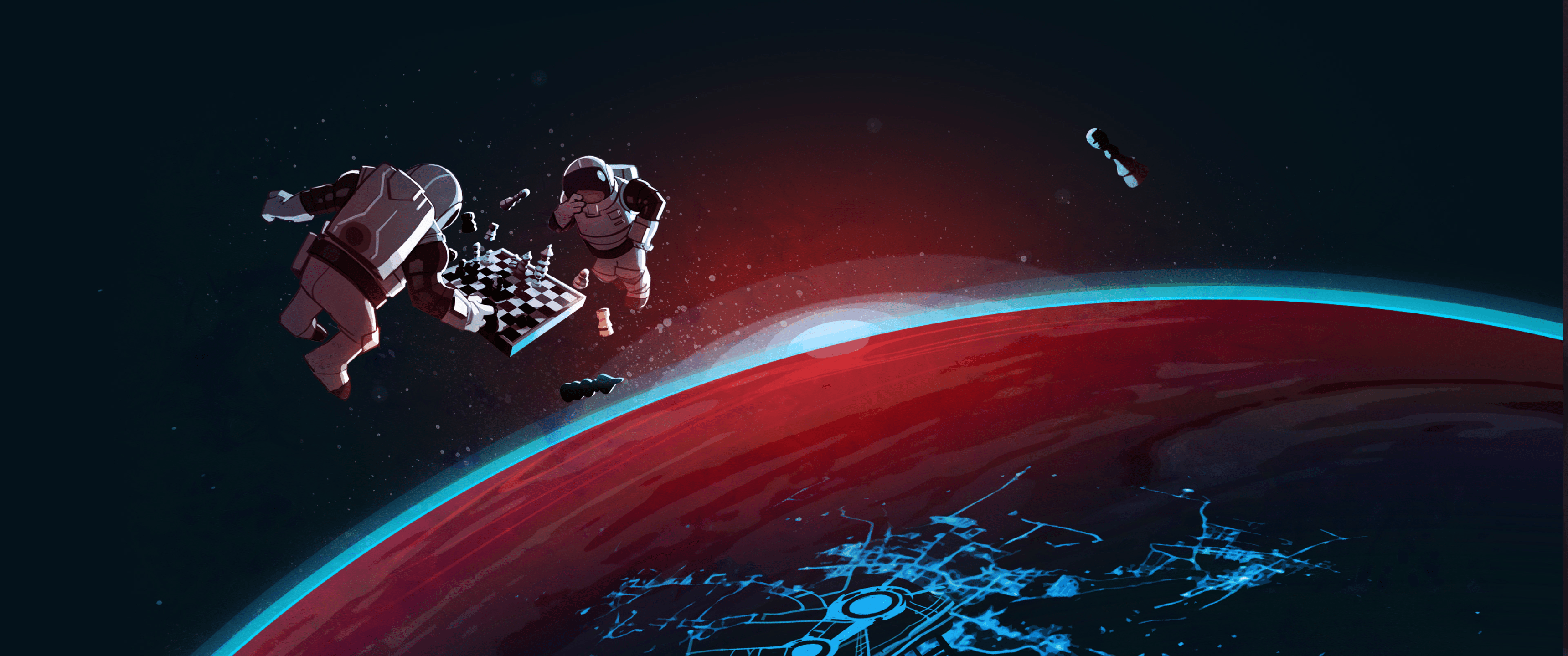 3440x1440 Download Spacesuit Cosmonaut Chess Board Chess Sci Fi Astronaut HD Wallpaperx1440