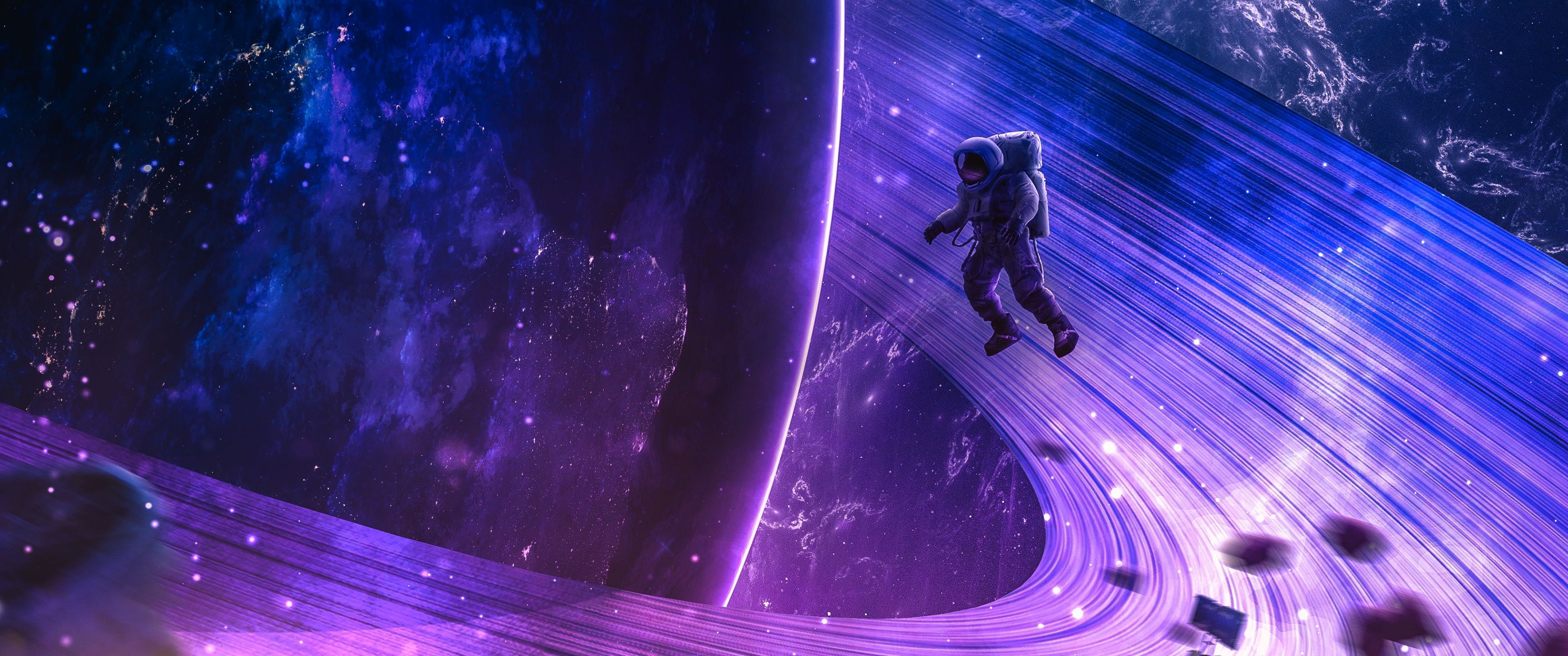 3440x1440 Astronaut Wallpaper 4K, Cosmos, Planet, Rings of Saturn
