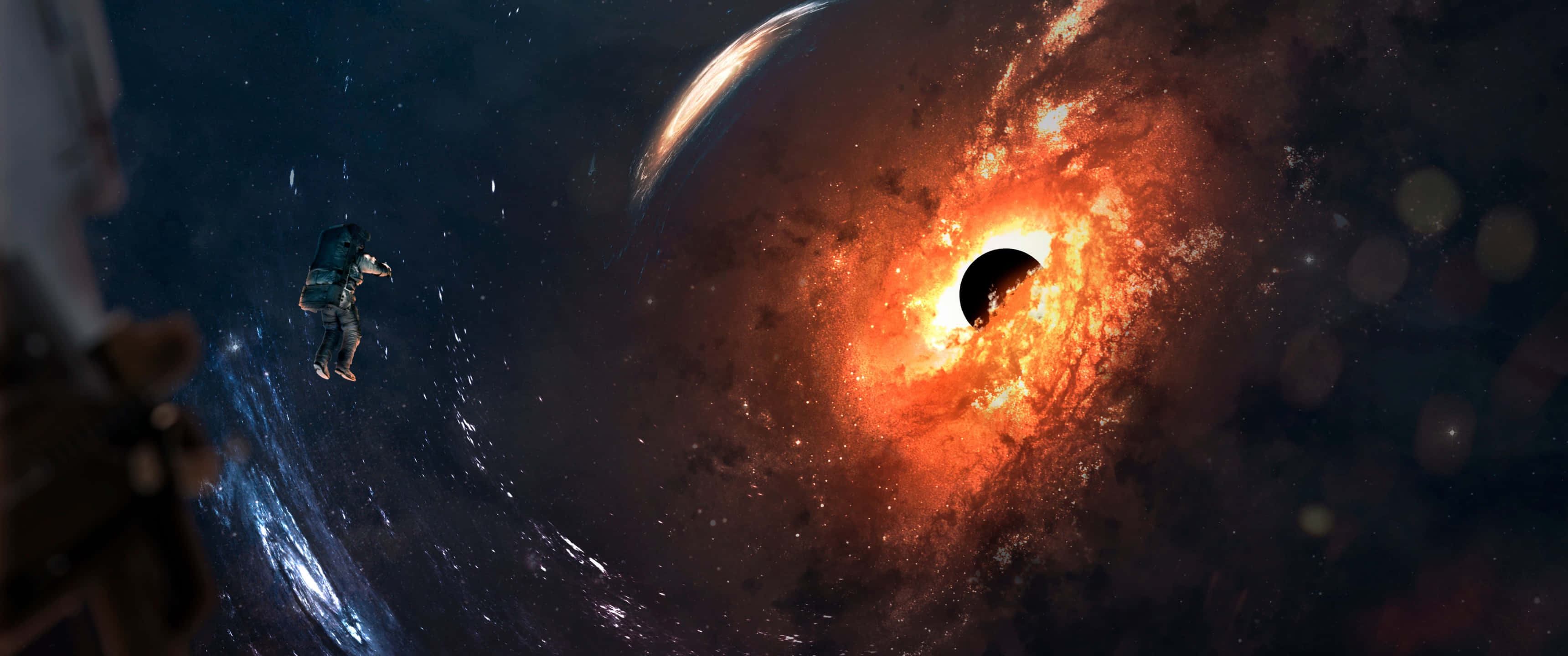 3440x1440 Download a black hole in space with a person in the middle Wallpaper