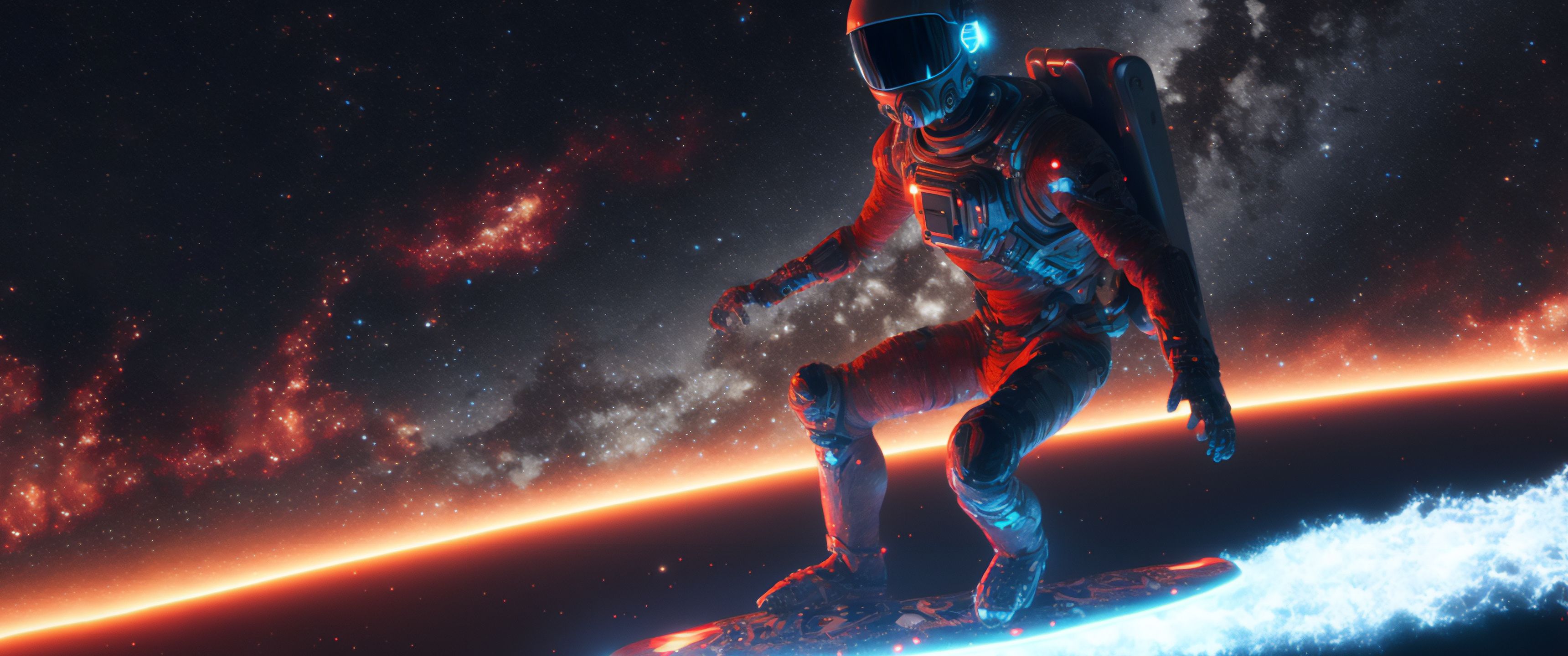 3440x1440 Download Space surfer, Astronaut, Surfer, Space, AI Art Wallpaper in 3440x1440 Resolution