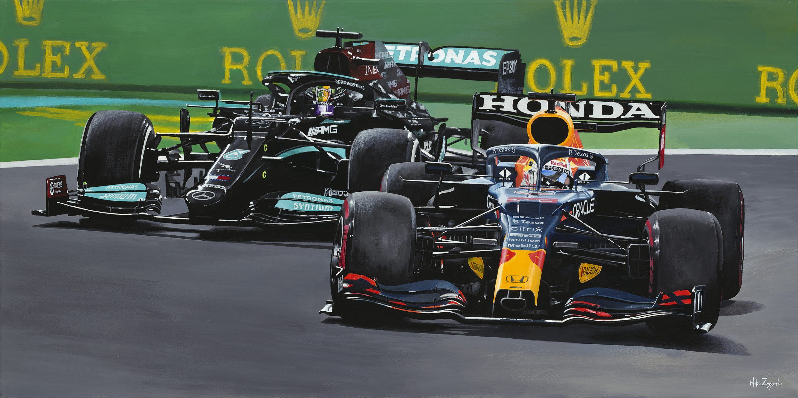 2560x1277 Max Verstappen and Lewis Hamilton Abu Dhabi 2021 Zagorski Artwork