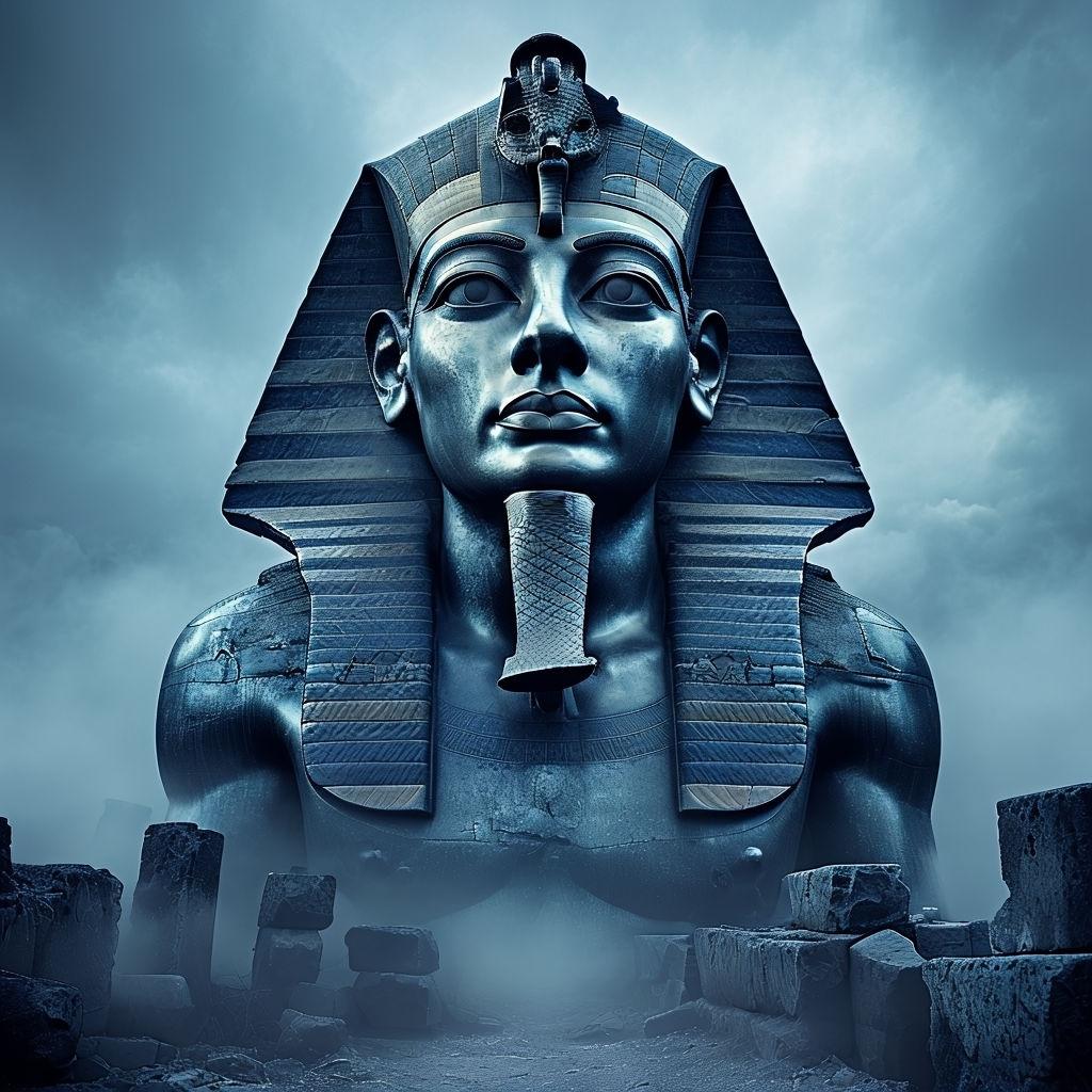 1024x1024 Majestic Pharaoh Ramesses II Statue in Mystical Fog Mobile Wallpaper
